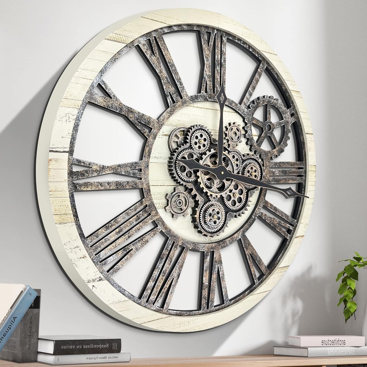 HOIBAI Large Wall Clock, Wall Clocks for Living Room Decor 30 Inch Farmhouse Vintage Rustic Kitchen Wall Decor Vintage Roman Oversized Wall Clock for Home Bedroom House, Moving Gears Clock