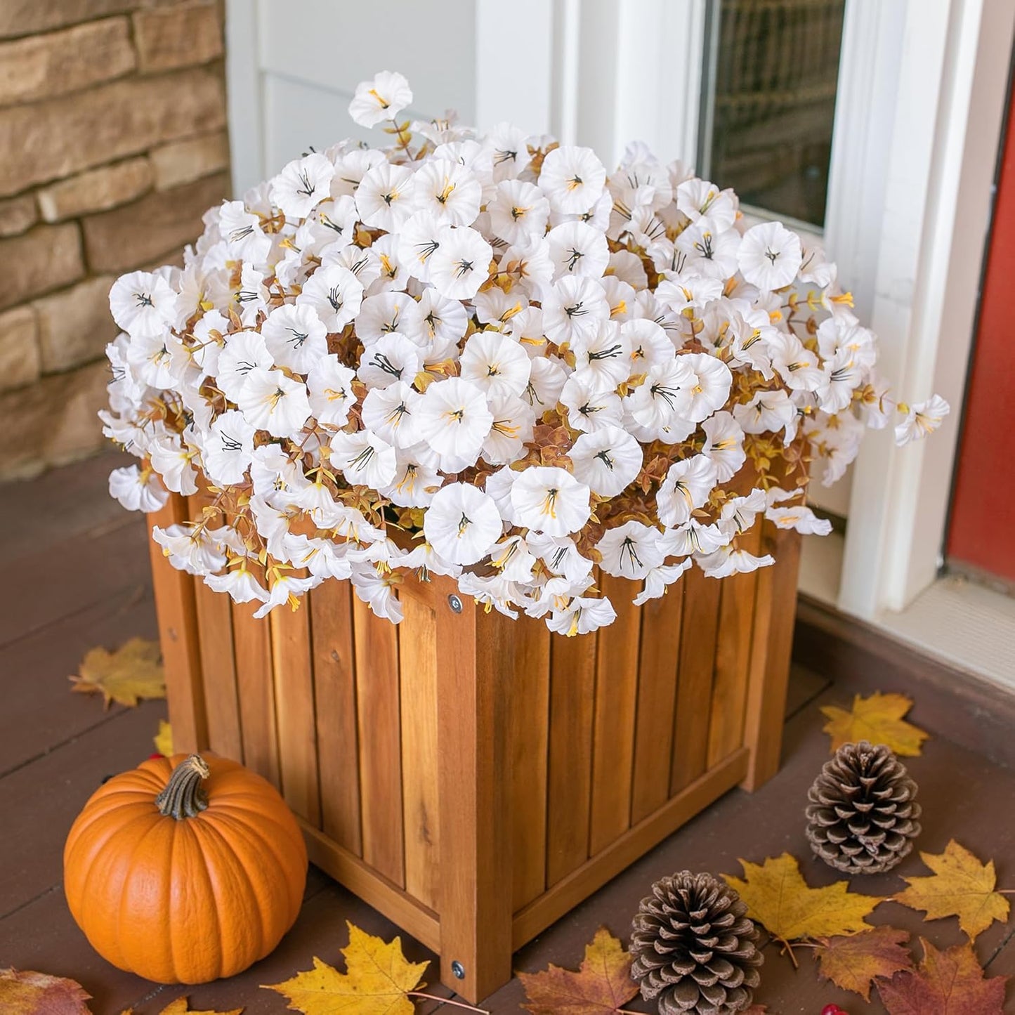 Fake Mums Artificial Fall Flowers Fake Plants for Outdoors Autumn Decor, 12 Bundles White Silk Morning Glory with Eucalyptus Look Real UV Resistant Faux Flowers for Outside Planters Front Door Yard