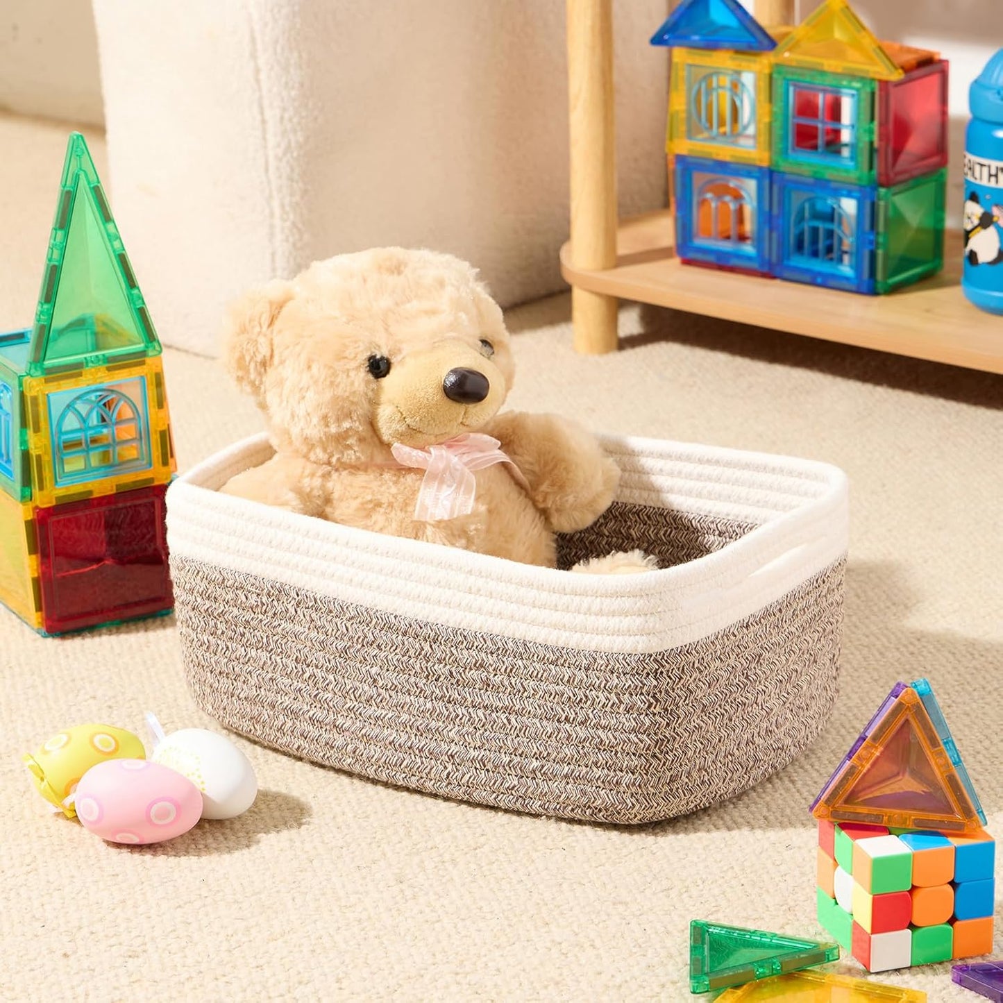 Small Storage Baskets for Organizing | Closet Organizer Bins | Shelf Toy Basket | Woven Rope Baskets | Cube Decorative Box | Shallow Basket | 13x8.5x5.1” | 3 Packs White Brown