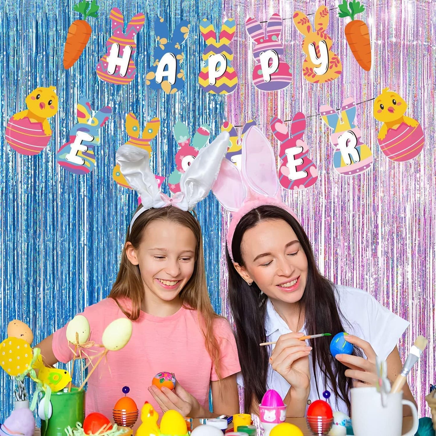 BRAVESHINE Pink Blue Tinsel Foil Fringe Curtains - 2Pcs 3.2x8.2ft Holidays Photo Streamers Backdrop for Easter Girl or Boy Birthdays Bridal Shower Party Supplies Decorations