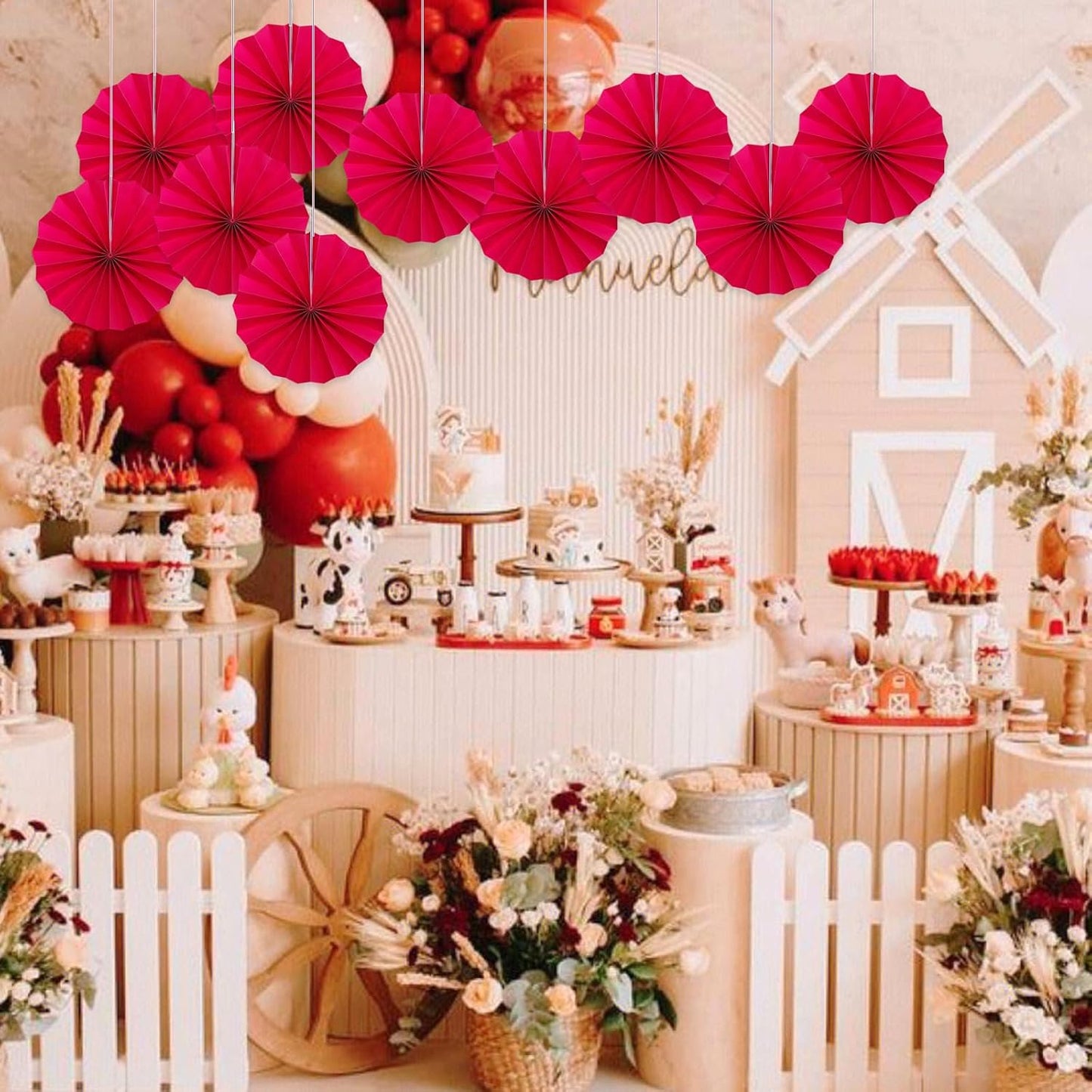 Red Birthday Decorations,DIY Red Paper Fans Hanging Decoration ,Party Supplies Party Fans 8in, Wedding Graduation Events Accessories 30 Color DIY Set （Red）