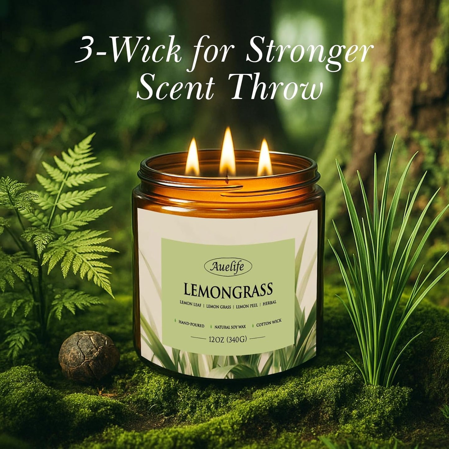 Auelife Lemongrass Scented Candle | 3-Wick Jar Candle - 12oz Natural Soy Wax - Citronella Scent for Indoor Outdoor Use, Long Lasting Aromatherapy Gifts for Fathers Day, Summer, 50+ Hour Burn