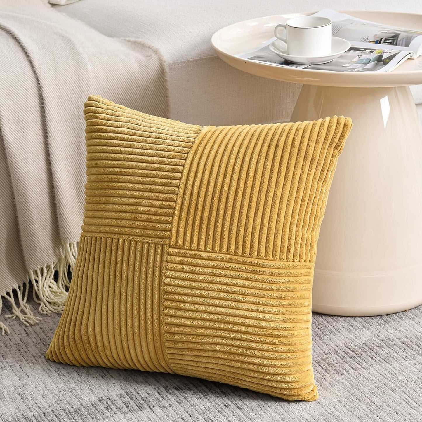 Fancy Homi 2 Packs Mustard Yellow Euro Decorative Throw Pillow Covers 26x26 Inch for Living Room Couch Bed, Farmhouse Boho Home Decor, Soft Corss Corduroy Patchwork Square Cushion Case 66x66 cm