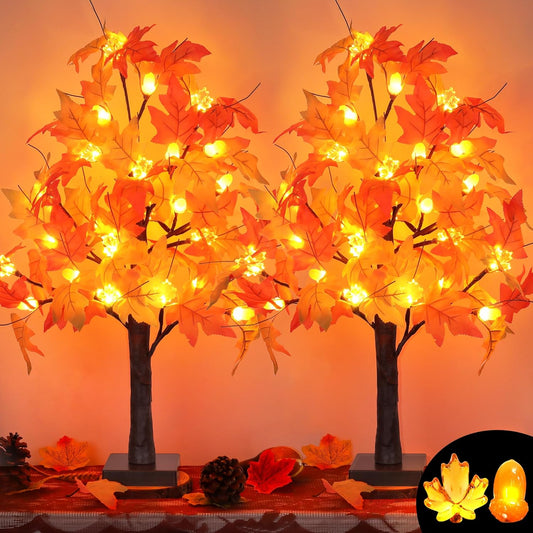 2 Pack 24 Inch Prelit Fall Maple Tree Fall Decor with 48 LEDs Timer Battery Operated Artificial Fall Light Up Tree Maple Acorn for Fall Thanksgiving Decorations Table Home Office Indoor Autumn Harvest