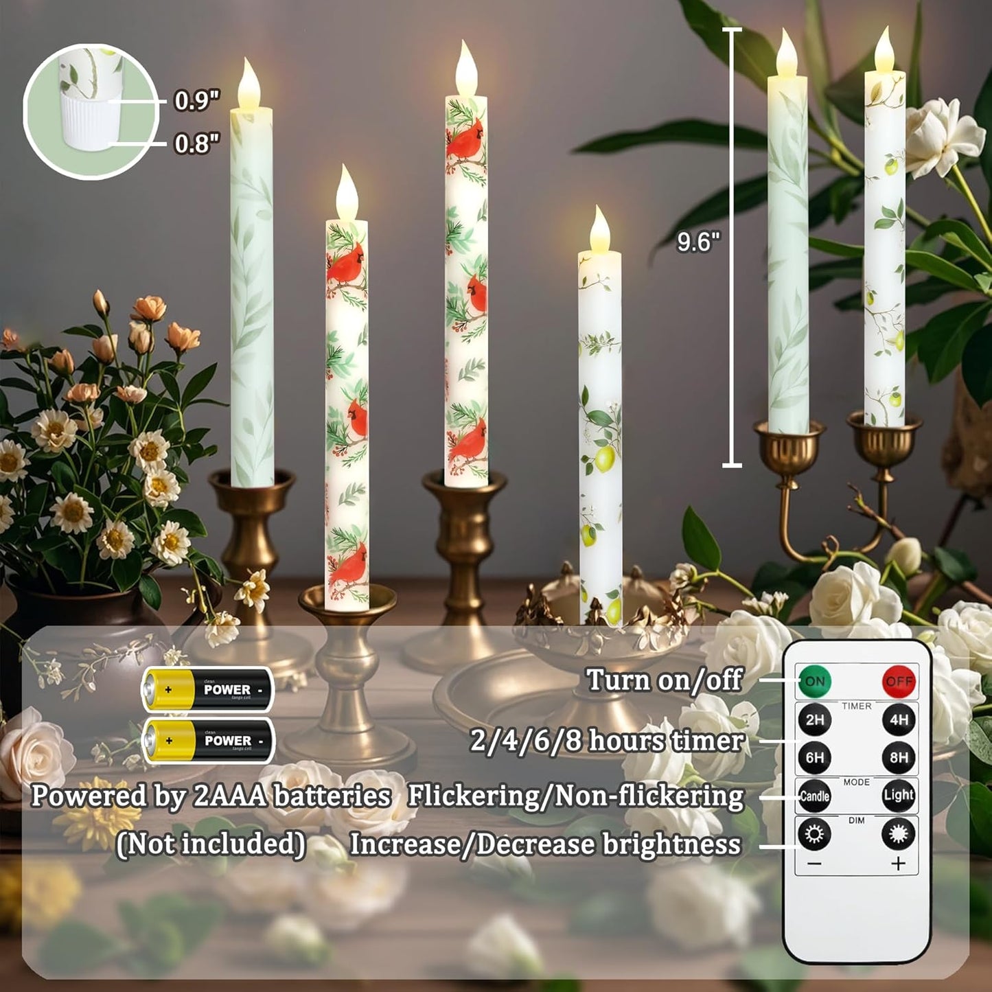 Lemon Flameless Taper Candles with Remote and Timer Flickering Flame Battery Operated Taper Candles for Home Bedroom Wedding Party Fall Christmas Summer Decor 9.6"