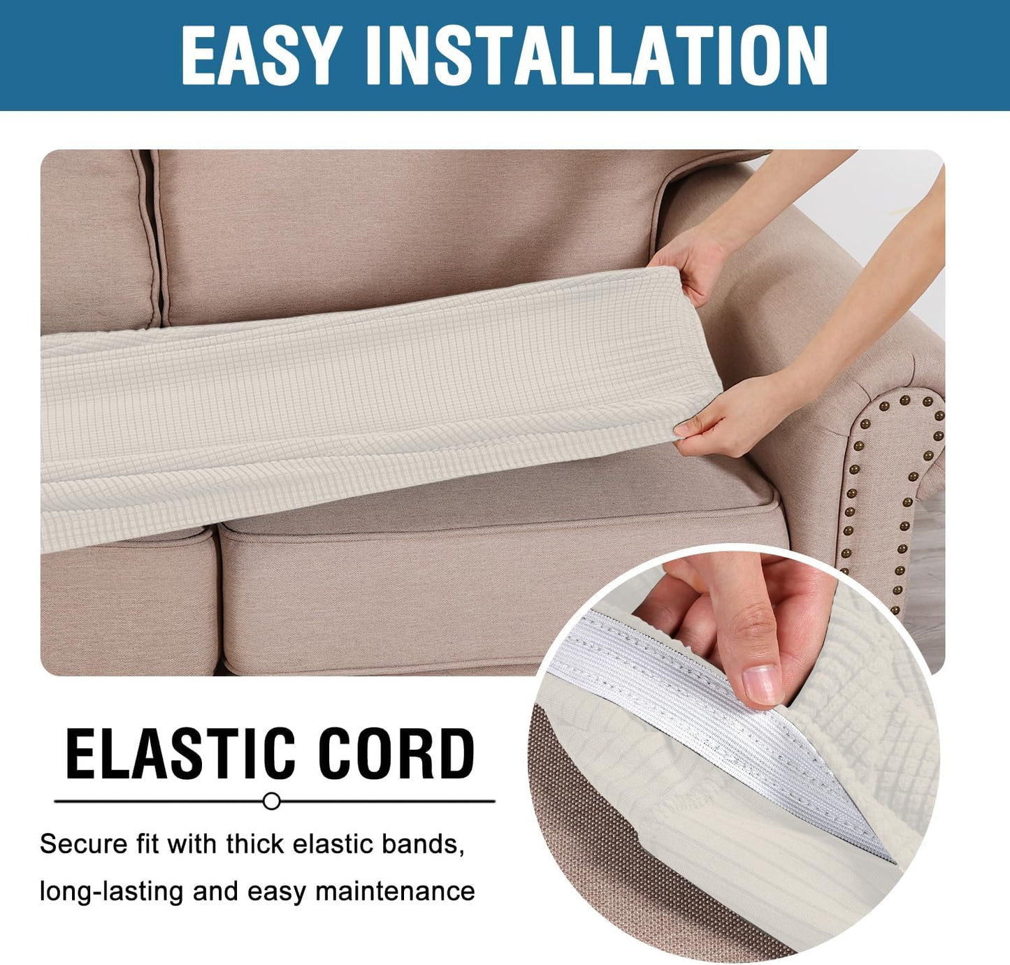 H.VERSAILTEX Super Stretch Individual Seat Cushion Covers Sofa Covers Couch Covers Slipcover Sets Thick Jacquard Textured Twill Fabric (3 Piece XL Sofa Cushion Covers, Porcelain)