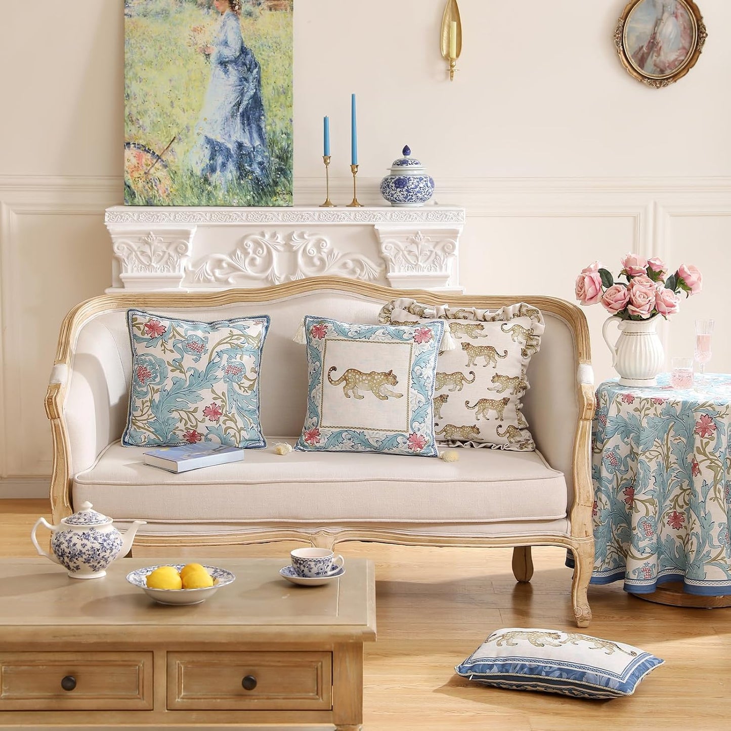 patdrea Designer Throw Pillow Covers for Couch,Vintage French Linen Pillows Cover with Cheetah Pattern and Luxury Pendant,Fall Farmhouse Decorative Pillowcases for Bed Living Room Outdoor Set of 4