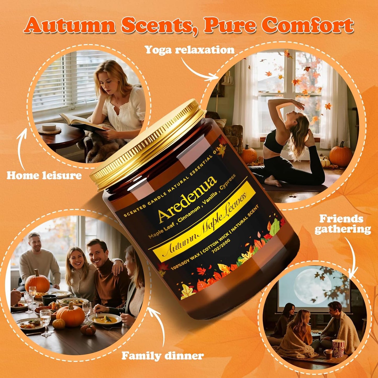 Fall Candle - Autumn Leaves Candle | Autumn Scented Candles for Home, 7oz Autumn Soy Candles for Home Scented, 50 Hours Burn Time, Season Celebration/Halloween/Thanksgiving Fall Gifts for Women Men
