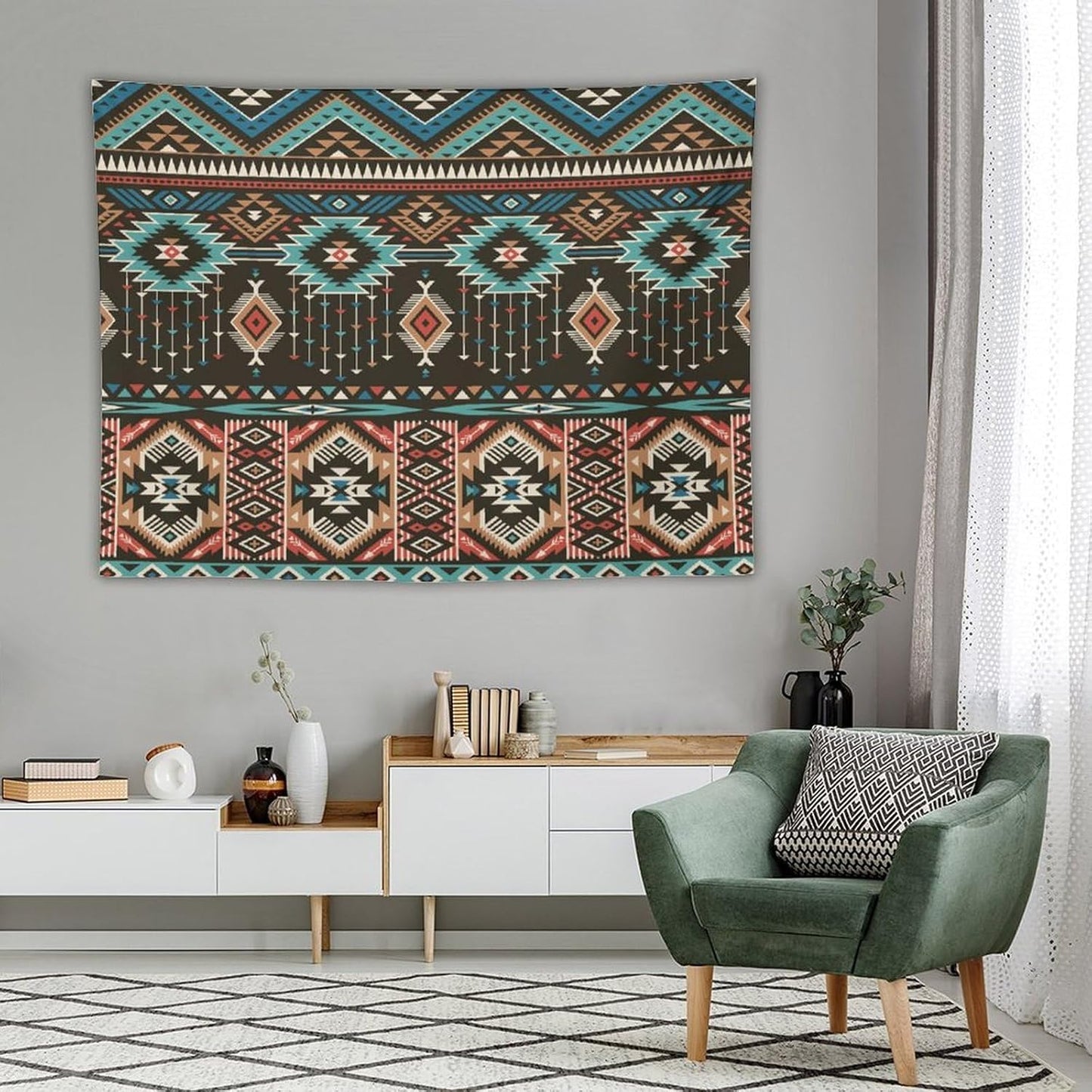 HZOHNAGO Aztec Tapestry Turquoise Blue and Brown and Native American Tribal Pattern Printed Wall Tapestry Wall Hanging for Bedroom Living Room Dorm 80" W x 60" H