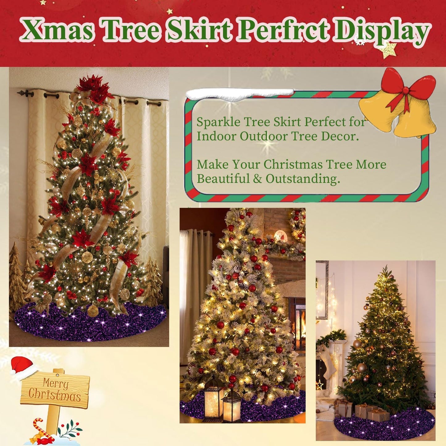 Purple Xmas Tree Skirt 36 Inch Sequins Christmas Tree Skirt Halloween Tree Skirts Velvet Xmas Tree Mat Unique Round Tree Collar Skirt Glitter Sequin Tree Cover for Christmas Halloween Party Decor