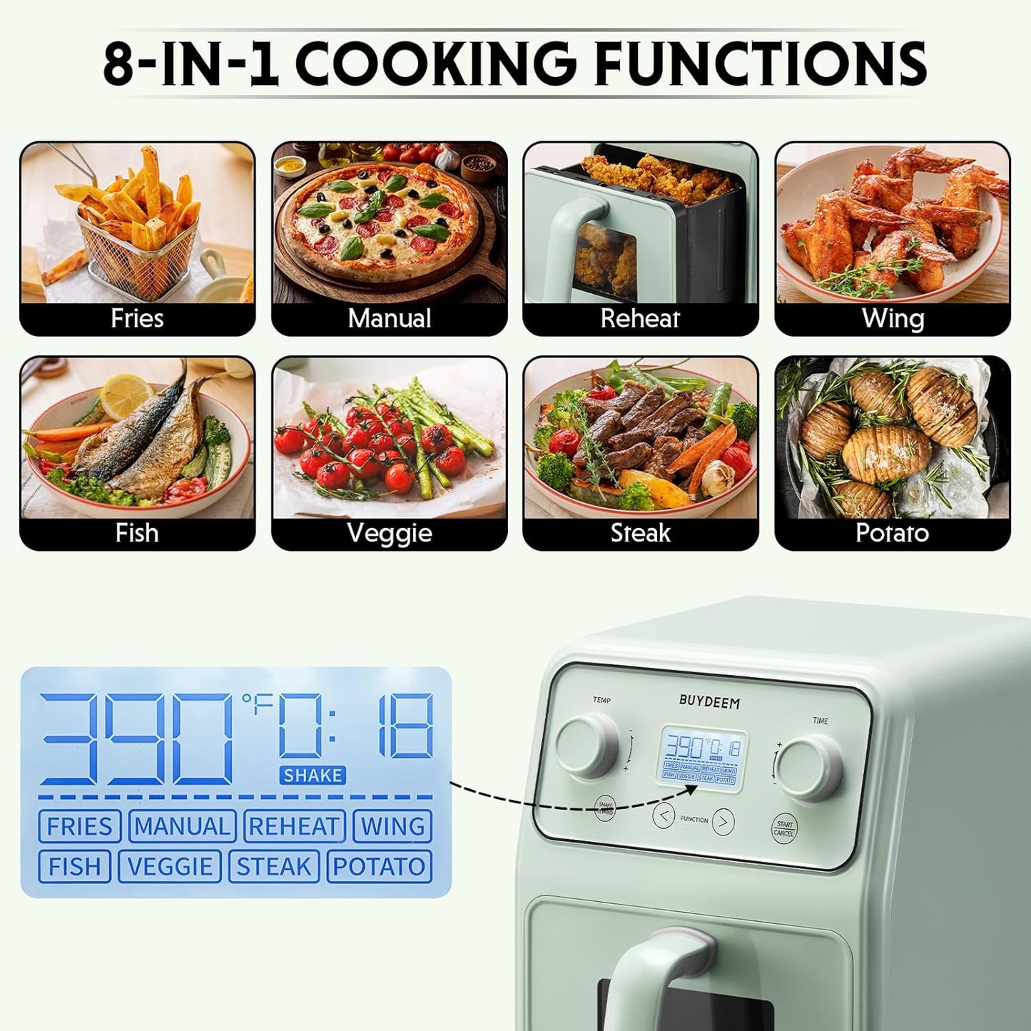 BUYDEEM F51 8-in-1 Air Fryer 4.2QT, Retro Countertop Airfryer Oven with Visible Window, Shake Reminder, One-touch Control with LCD Display, Cozy Greenish
