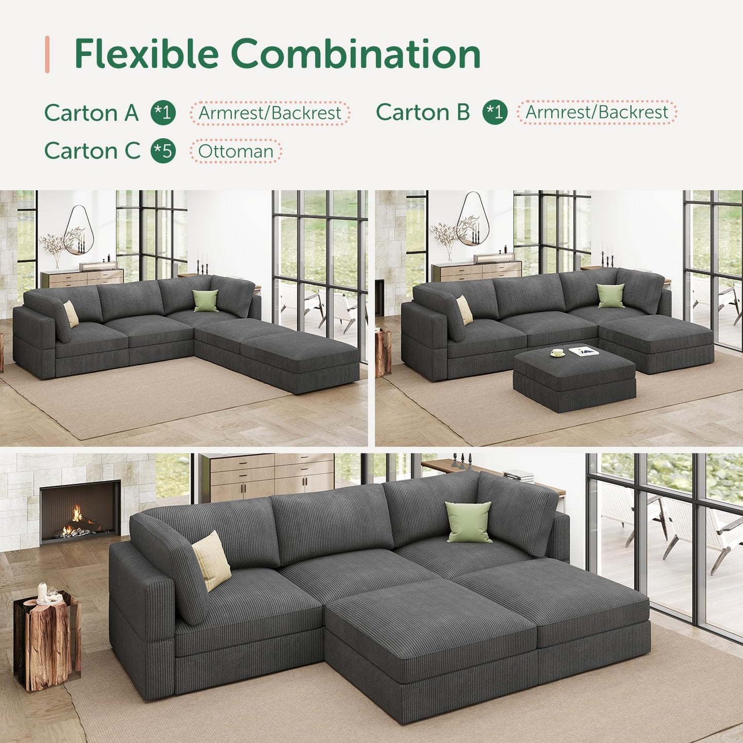 HONBAY Modular Sectional Sofa with Storage Corduroy U Shaped Sofa Modular Sectional Couches for Living Room,Dark Grey