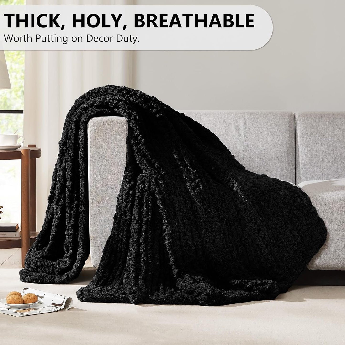 L'AGRATY Chunky Knit Blanket Throw: 80''x90'' Chenille Chunky Knitted Throw Blanket for Bed Couch - Handmade Thick Big Cable Knit Blanket - Large Chunky Crochet Rope Blanket for Home Decor(Black)