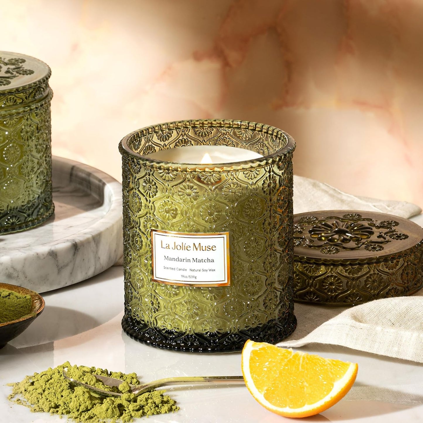 LA JOLIE MUSE Mandarin Matcha Candle - Bergamot, Matcha, Cedarwood | 19 oz Large Wooden Wick Candles | Natural Soy Wax | 90 Hours Clean Burn | Fresh Citrus Candle | Gift-Ready for Hosts