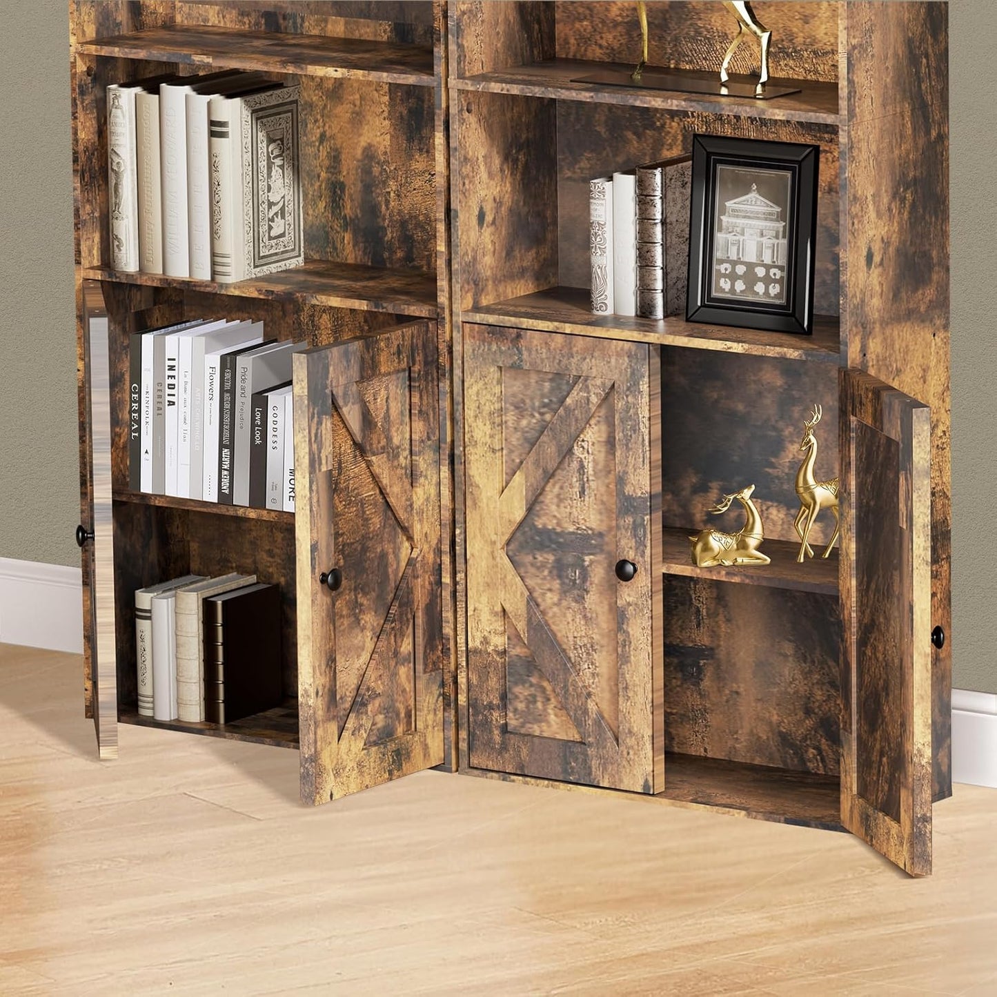 Tall Brown Wooden Bookshelf with Cabinet and Doors – 70.86" Bookcase with Doors, 6 Shelf Freestanding Tall Book Shelf for Living Room Storage, Bedroom, Home Office Organization – Brown Bookcase Wood