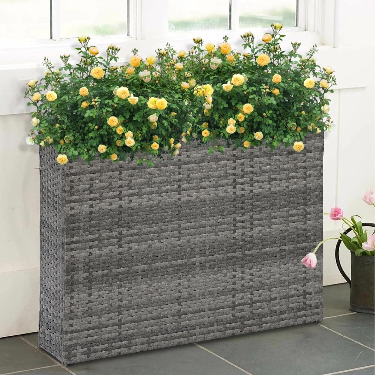 SUNNYPARK Tall Rectangular Planter with Removable Liner, All-Weather PE Rattan Large Modern Planters Indoor Outdoor Flower Plant Pots Garden Box Patio Yard Front Porch Deck