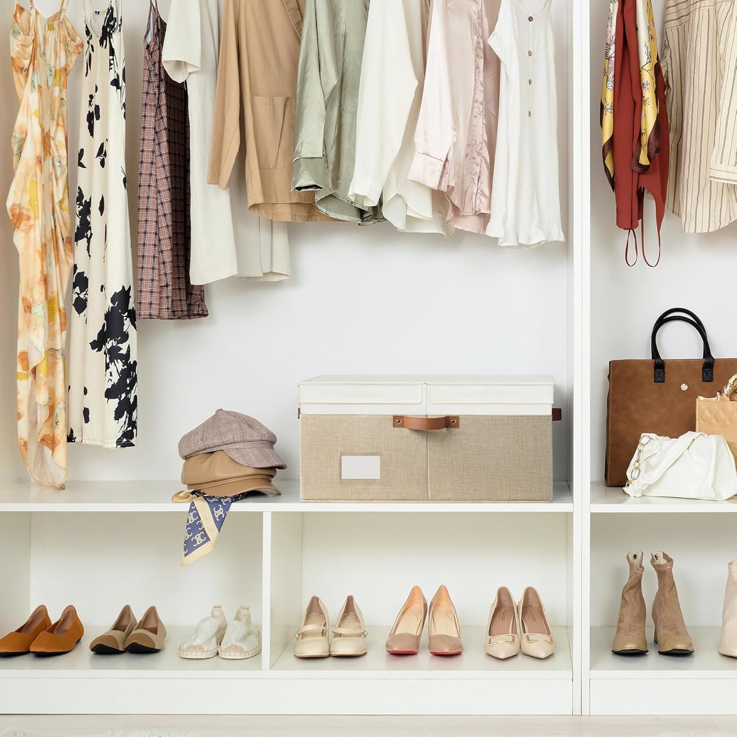 GRANNY SAYS Decorative Storage Boxes with Lid, Large Storage Bins with Double-Open Lid and Divider, Fabric Storage Bin for Clothes, 63L Closet Linen Storage Bin, White/Khaki