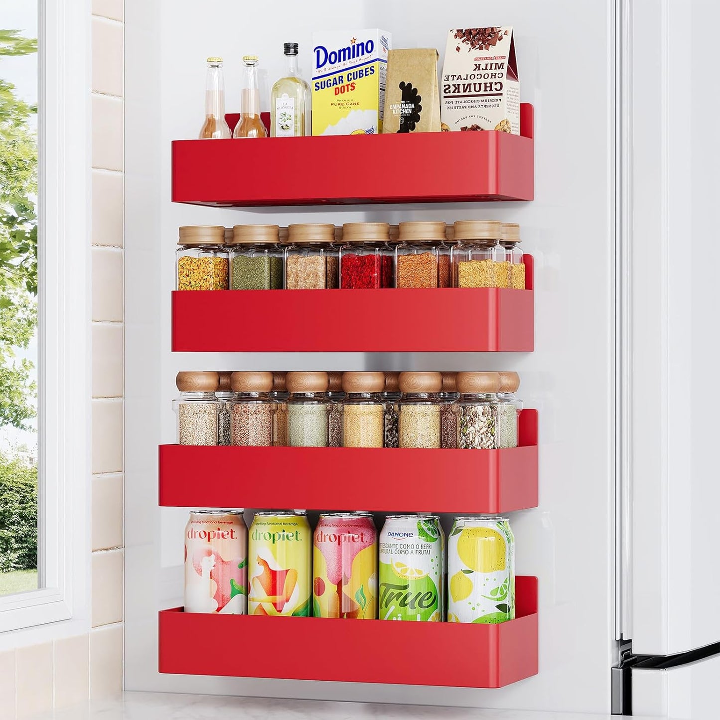 Magnetic Spice Rack for Refrigerator, Kitchen Organizer and Storage Shelf, Red (4 Pack)…