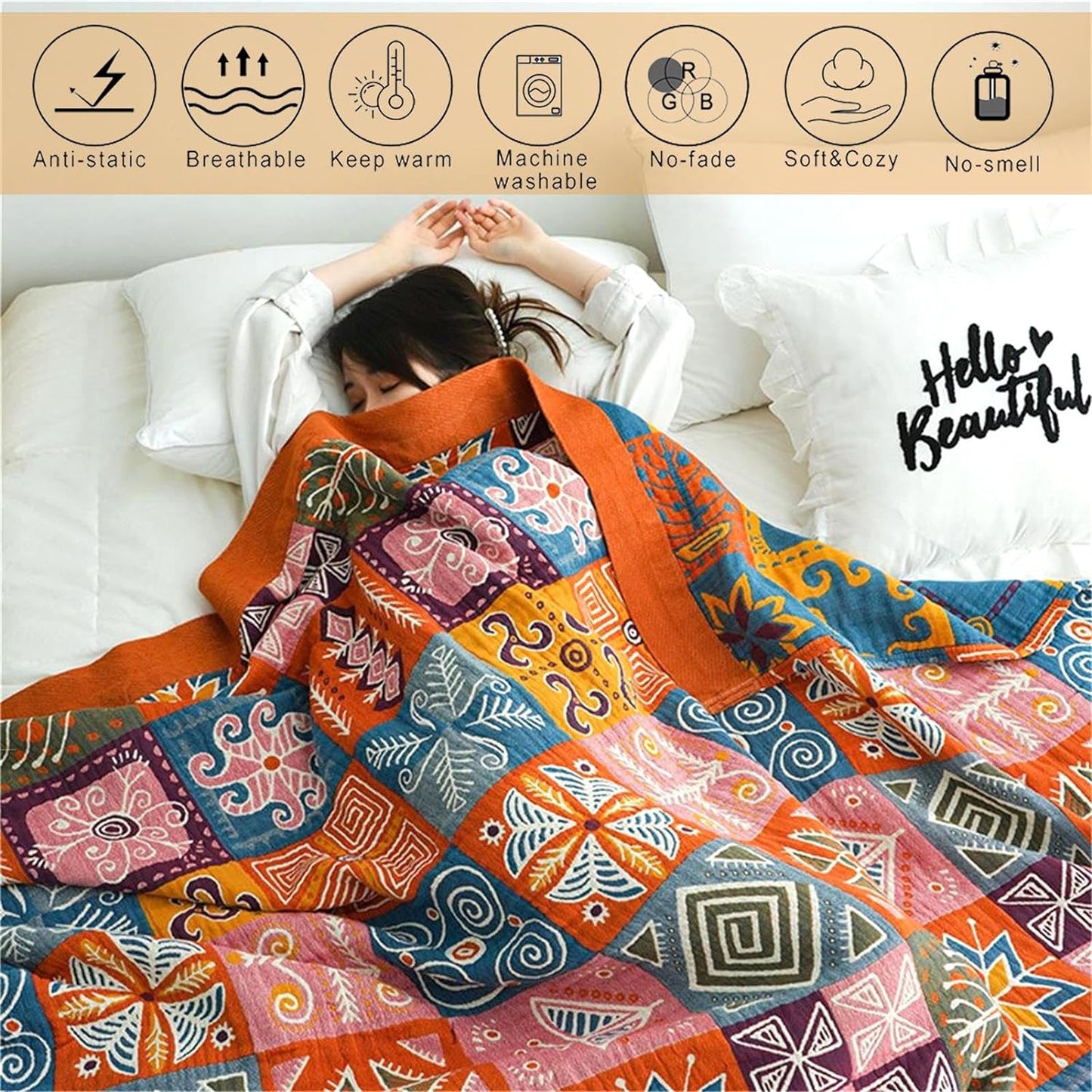 Christmas Cotton Throw Blanket for Couch Bed 60''x80'',Cotton Quilt Boho Throw Blanket Muslin Bed Travel Blanket Vintage Soft Cozy Checkered Blankets Gift for Women