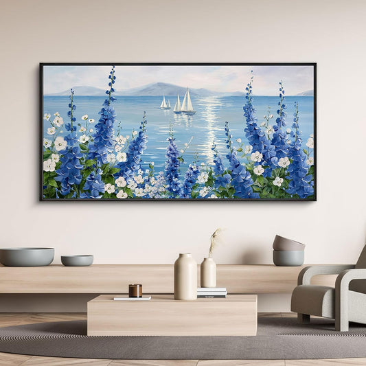 XLSJERST Large Sailboat Wall Art - Blue Canvas Abstract Painting Textured Picture Artwork Vintage Nautical Flower Painting Coastal Modern Print 29"x58" Frame for Living Room Bedroom Home Decoration
