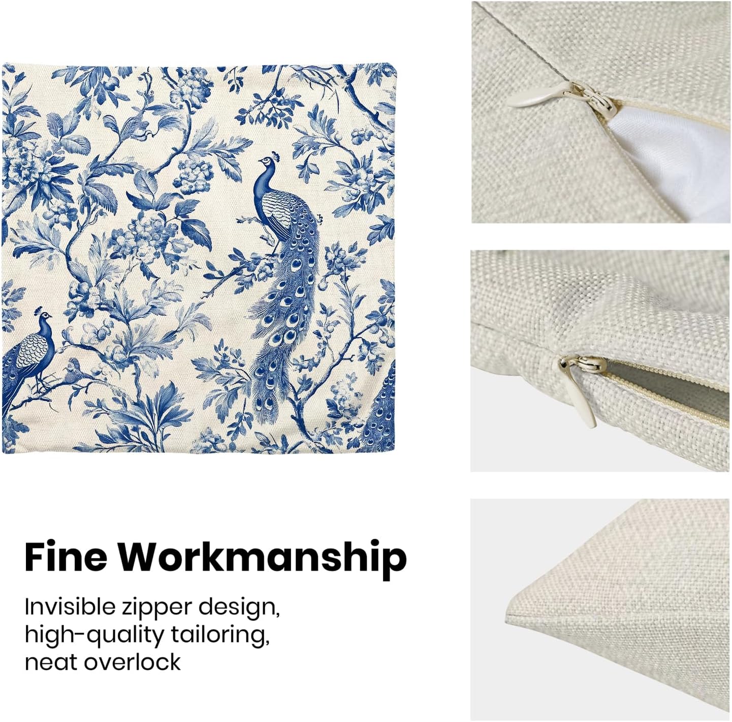 Navy Blue Spring Floral Pillow Covers 18 x 18 Inch Set of 2 for Chinoiserie Flowers Bird Decor Throw Pillows Vintage Plant Farmhouse Outdoor Decorative Cushion Cases for Couch Bed Decorations