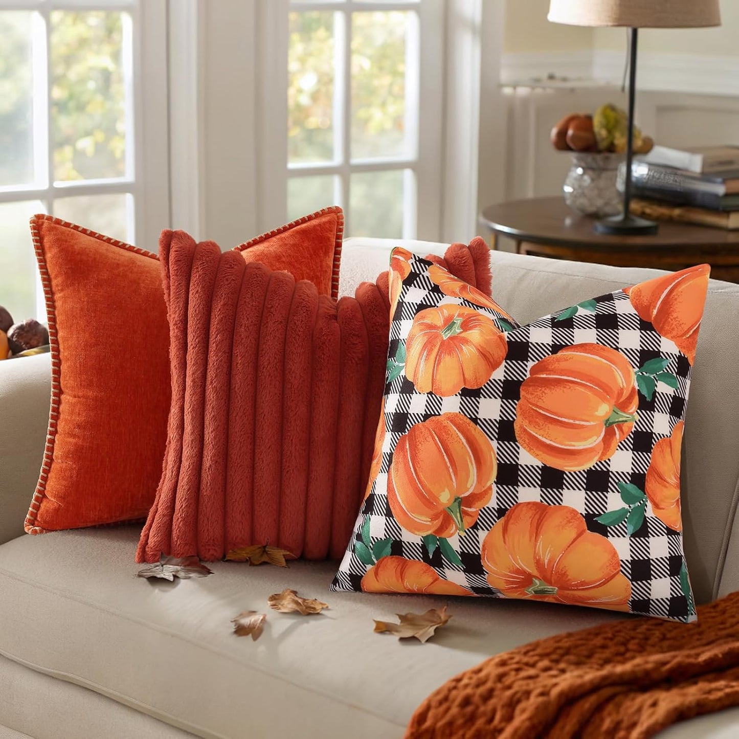 decorUhome Fall Orange Pumpkin Decorative Throw Pillow Covers 12x20 Set of 2, Lumbar Buffalo Plaid Check Farmhouse Cushion Covers for Autumn Harvest Couch Sofa Bed Home Decor