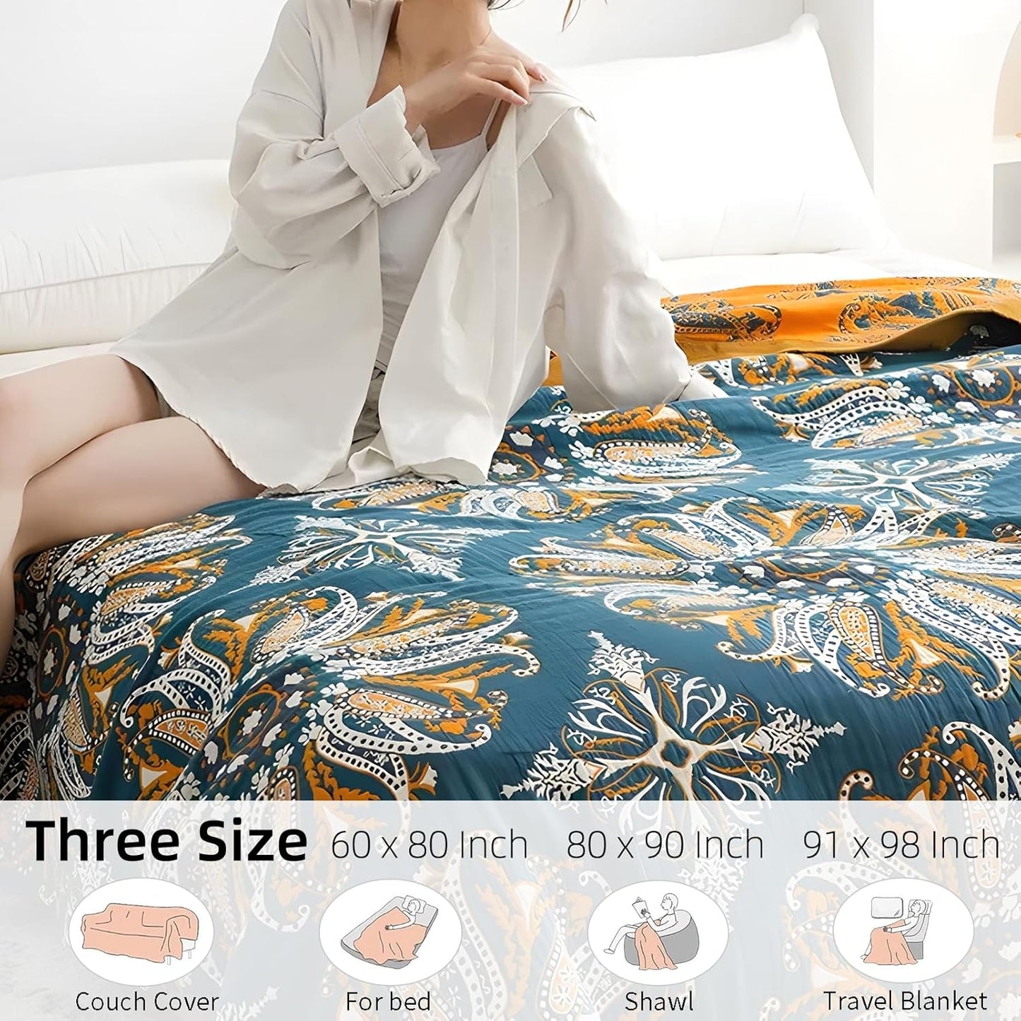 Boho Throw Blanket for Bed - 100% Pure Cotton Ultra Soft Rustic Quilt - Farmhouse Decor Bed Blankets, All Season Rustic Throw for Sofa Couch Chair(60"×80", Boho Floral)