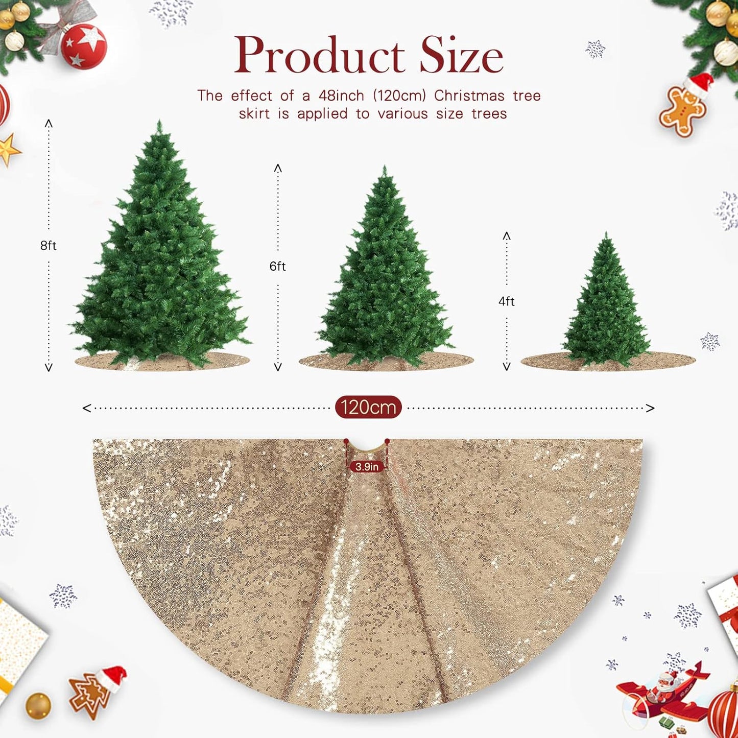 Champagne Gold Christmas Tree Skirt 48 Inch Sequin Large Tree Skirt for Christmas Decorations