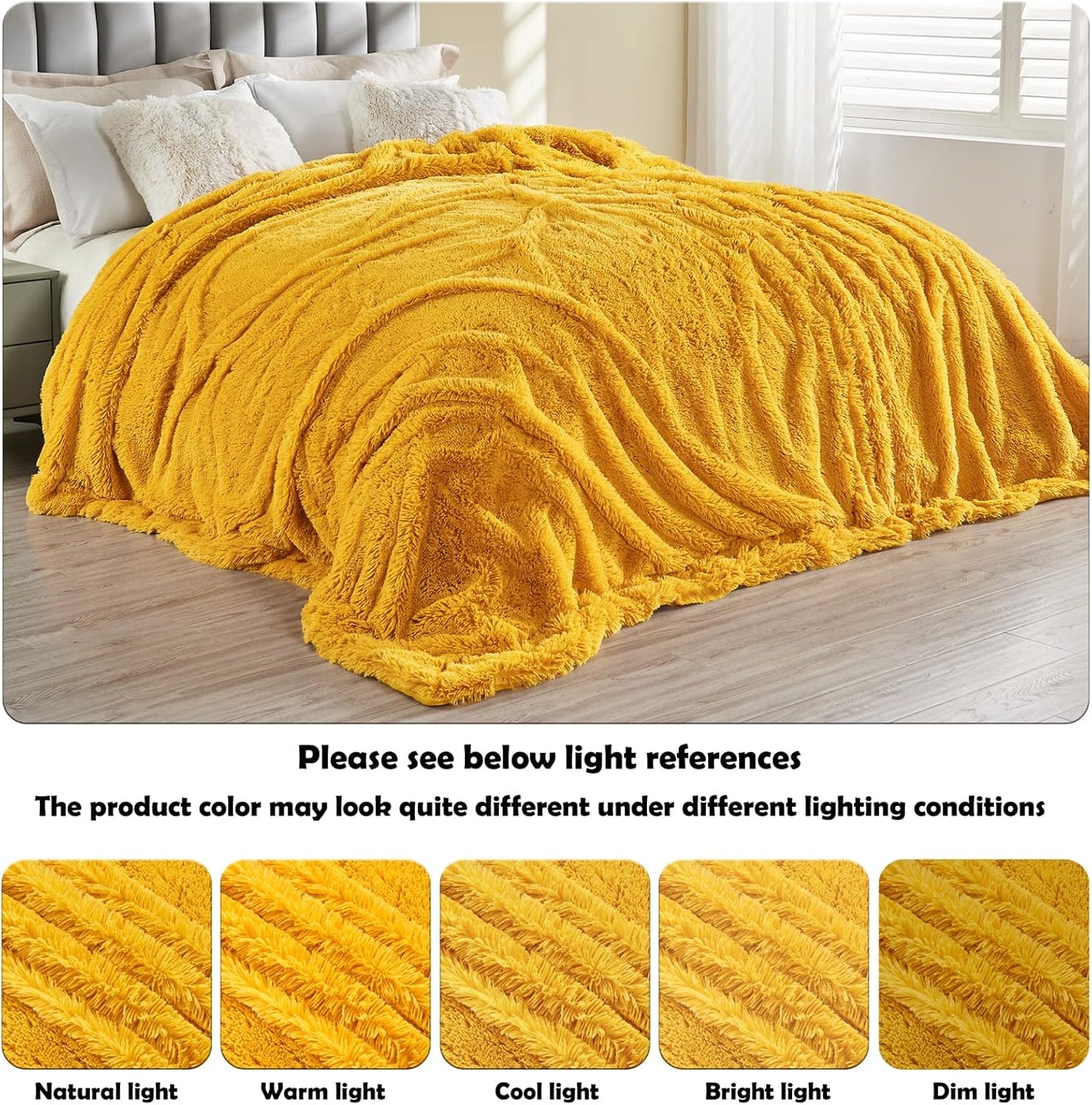 GONAAP Fuzzy Faux Fur Throw Blanket Twin Size Mustard Yellow Super Soft Cozy Plush Fuzzy Shaggy Blanket for Couch Sofa Bed (Mustard Yellow, Twin(60"x80"))
