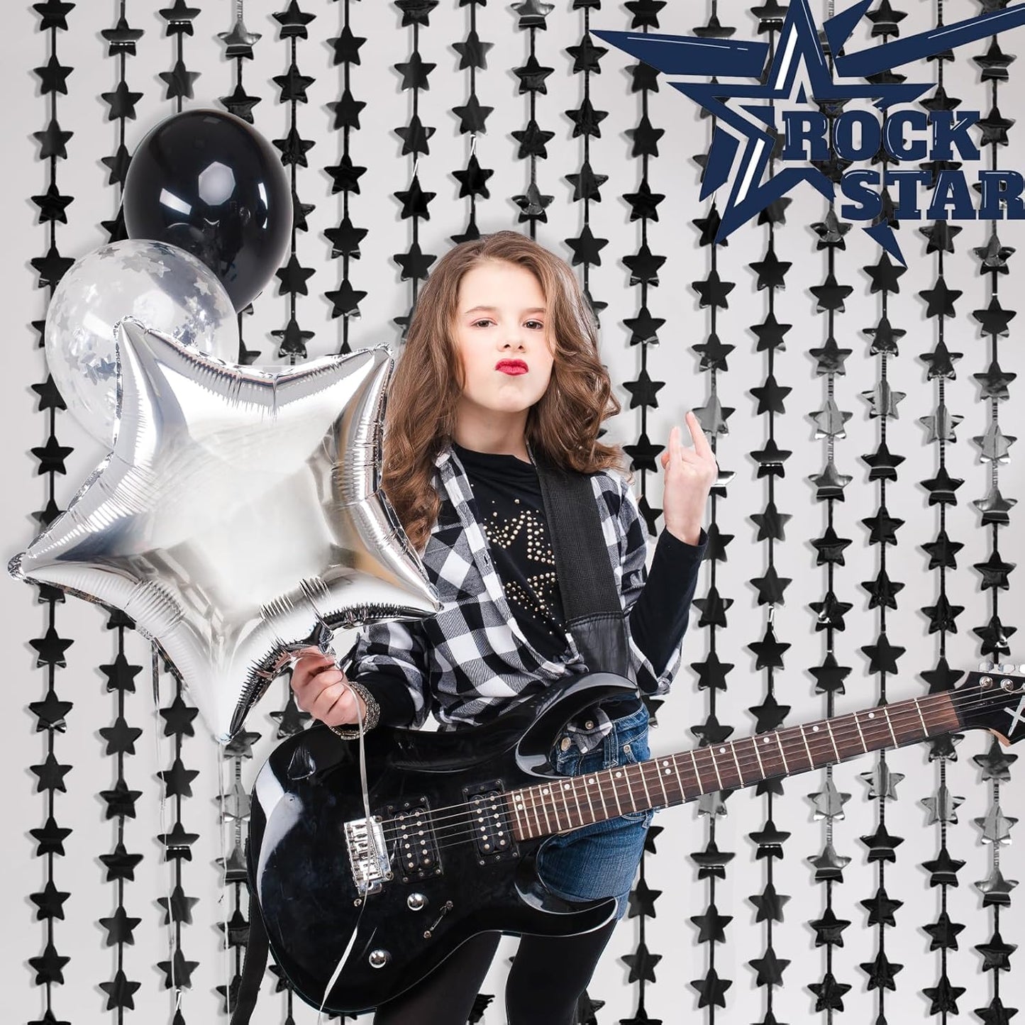 LOLStar Black Stars Happy to my 20s Birthday Decorations for Men Boy 2Pack 3.3X6.6ft Each Black Backdrop Star Foil Fringe Curtains for Graduation Decorations Class of 2025 New Years Eve Party Supplies