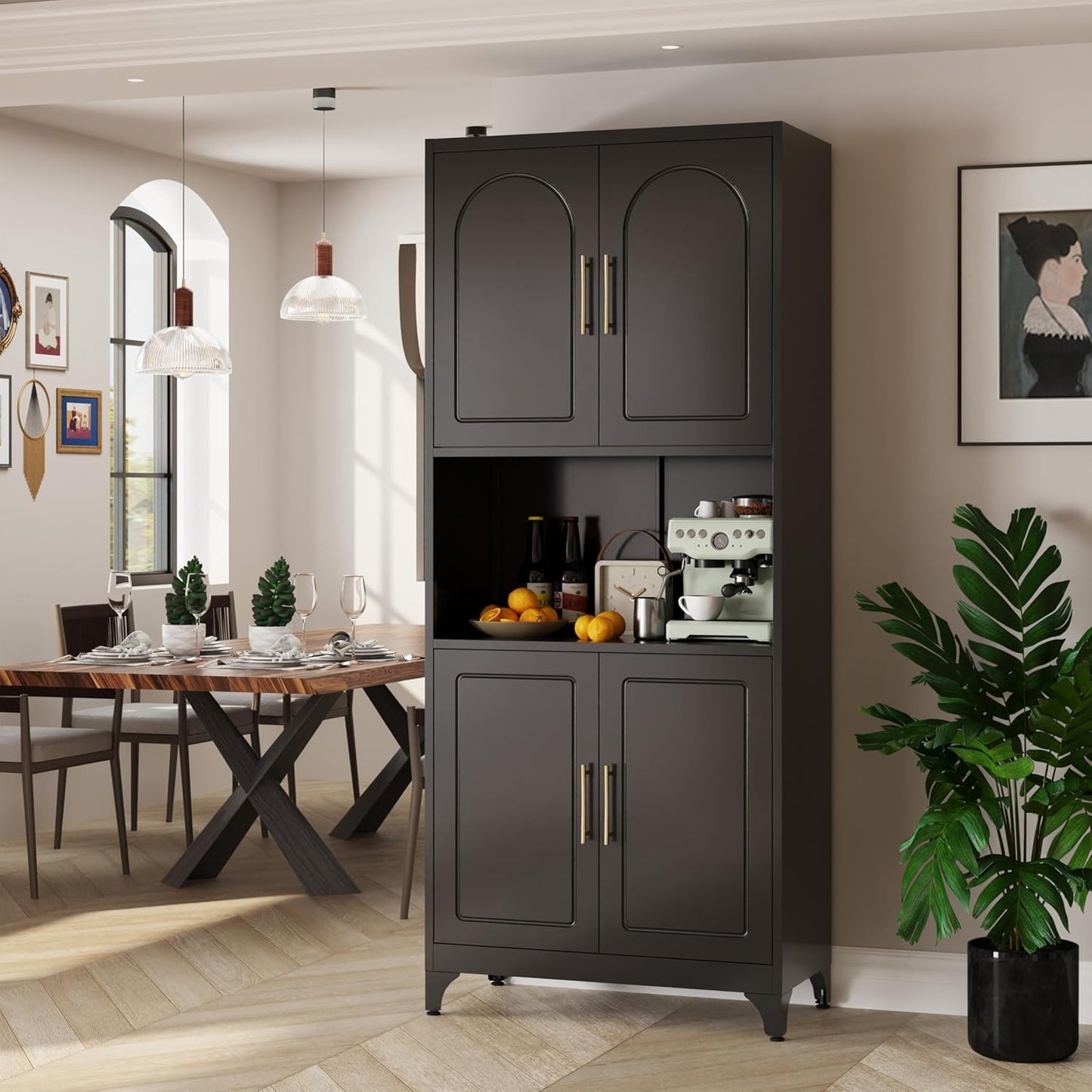 75" Tall Kitchen Pantry Storage Cabinet, Metal Storage Cabinets with 4 Doors and Adjustable Shelves, Black Kitchen Hutch Cabinet with Microwave Stand, Large Cupboard for Dining Living Room