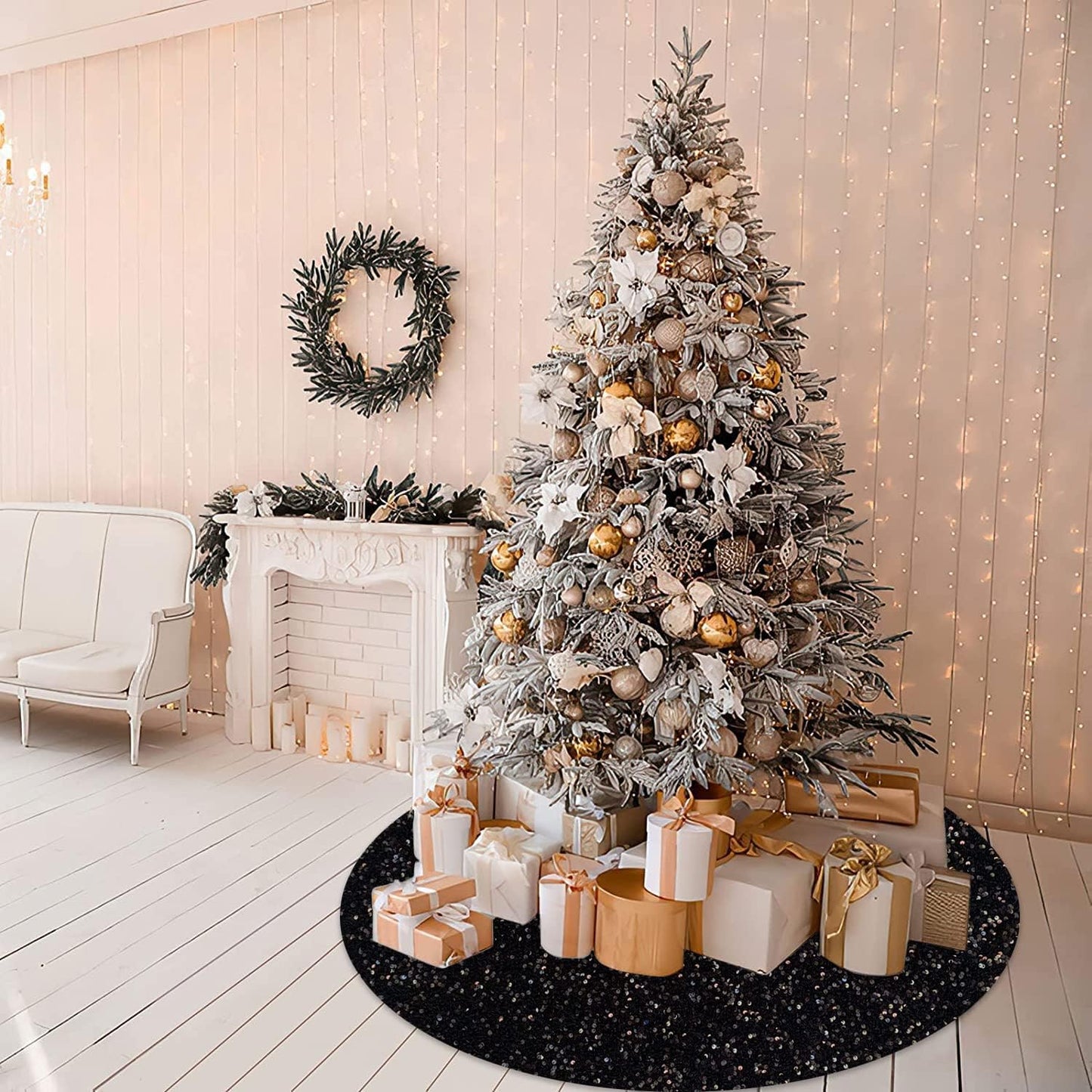 Christmas Tree Skirt 46 Inch Black Xmas Tree Skirt Soft Fabric Tree Skirts Christmas Decorations for Halloween New Year Round Velvet Tree Cover Skirt Sequin Metallic Tree Floor Base Luxury Tree Mat