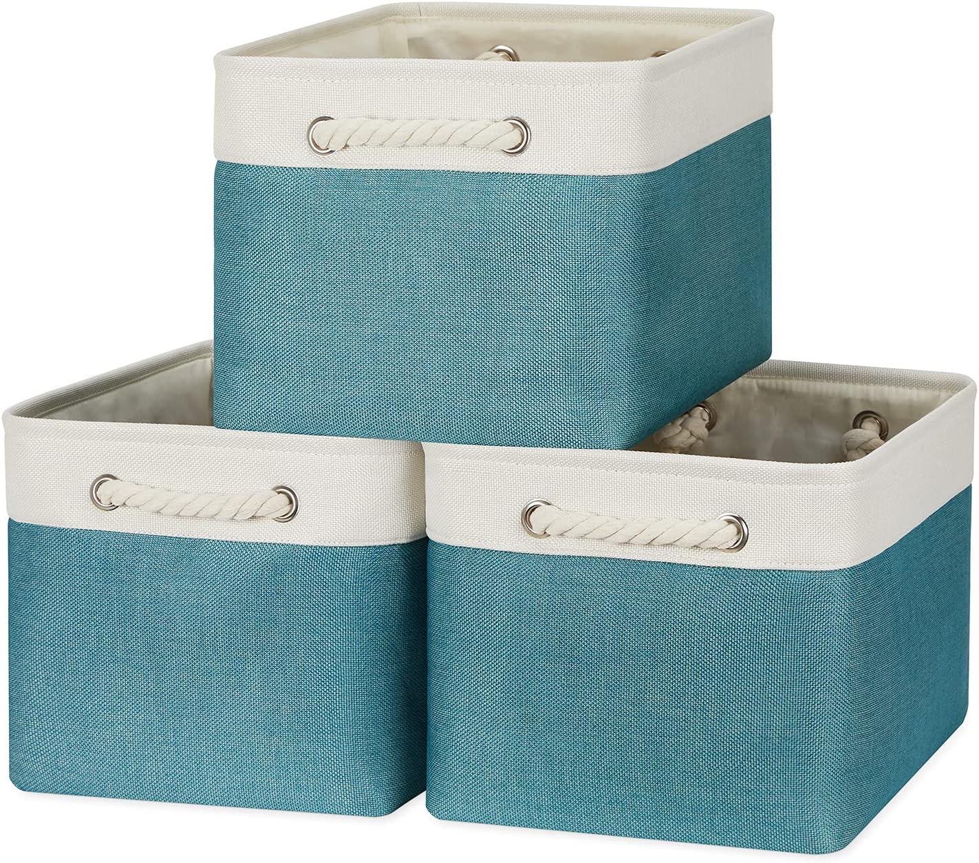 Bidtakay Basket Storage Bins with Handles Fabric Large Storage Baskets for Organizing Set of 3 Collapsible Rectangular Basket for Shelves Closet Organizer 15 X 11 X 9.5 Inches(White&Teal Blue)