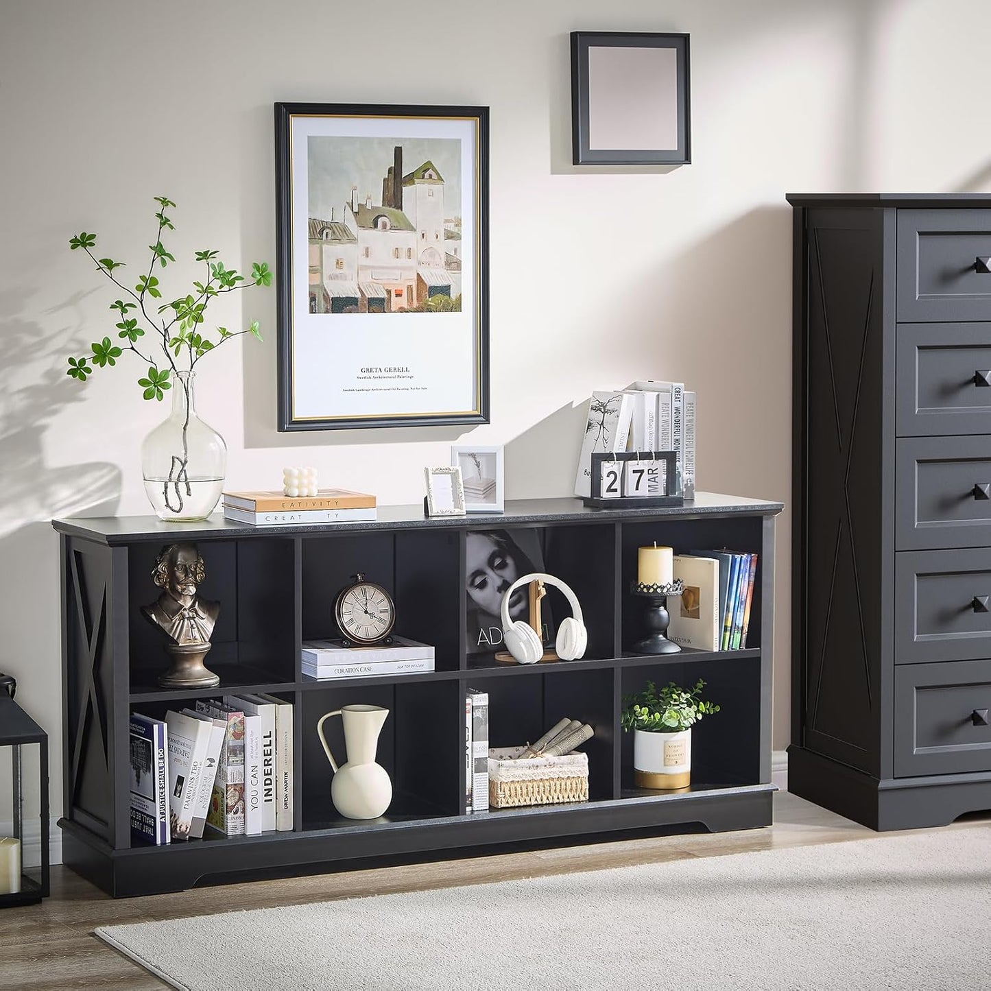 Farmhouse 8 Cube Bookshelf, Black Storage Organizer Bookcase, Kids Toy Storage Cabinet, Long Bookshelves Storage Organizer Shelf, Wood Display Cabinet Book Shelves for Bedroom,Living Room,Office