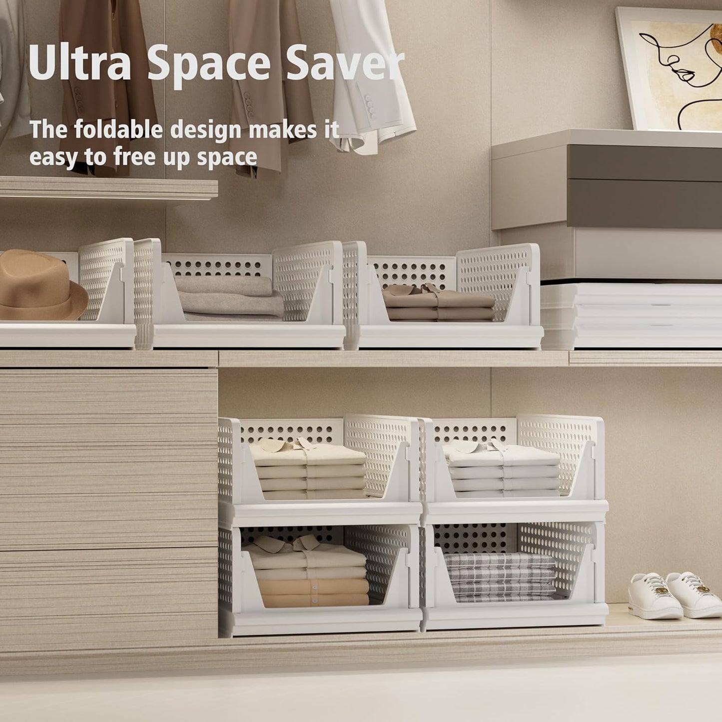 4 Pack Stackable Plastic Storage Basket Closet Organizer Bin Foldable Clothes Organizer Storage Drawer Shelf Container for Living Room Bathroom Kitchen Office (4S)