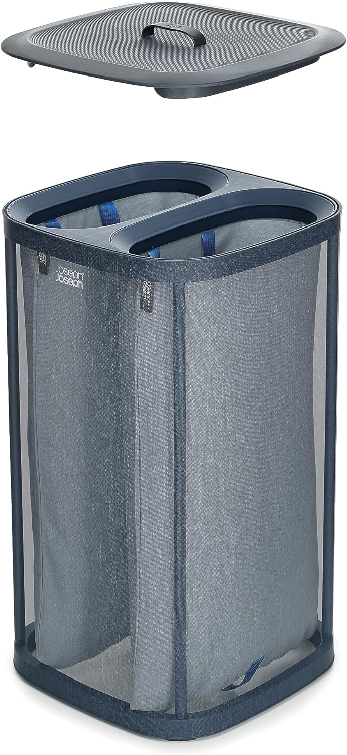 Joseph Joseph Tota 60 liter/15.8 gallon Laundry Hamper Separation Basket with lid, 2 Removable Washing Bags with Handles- Carbon Black