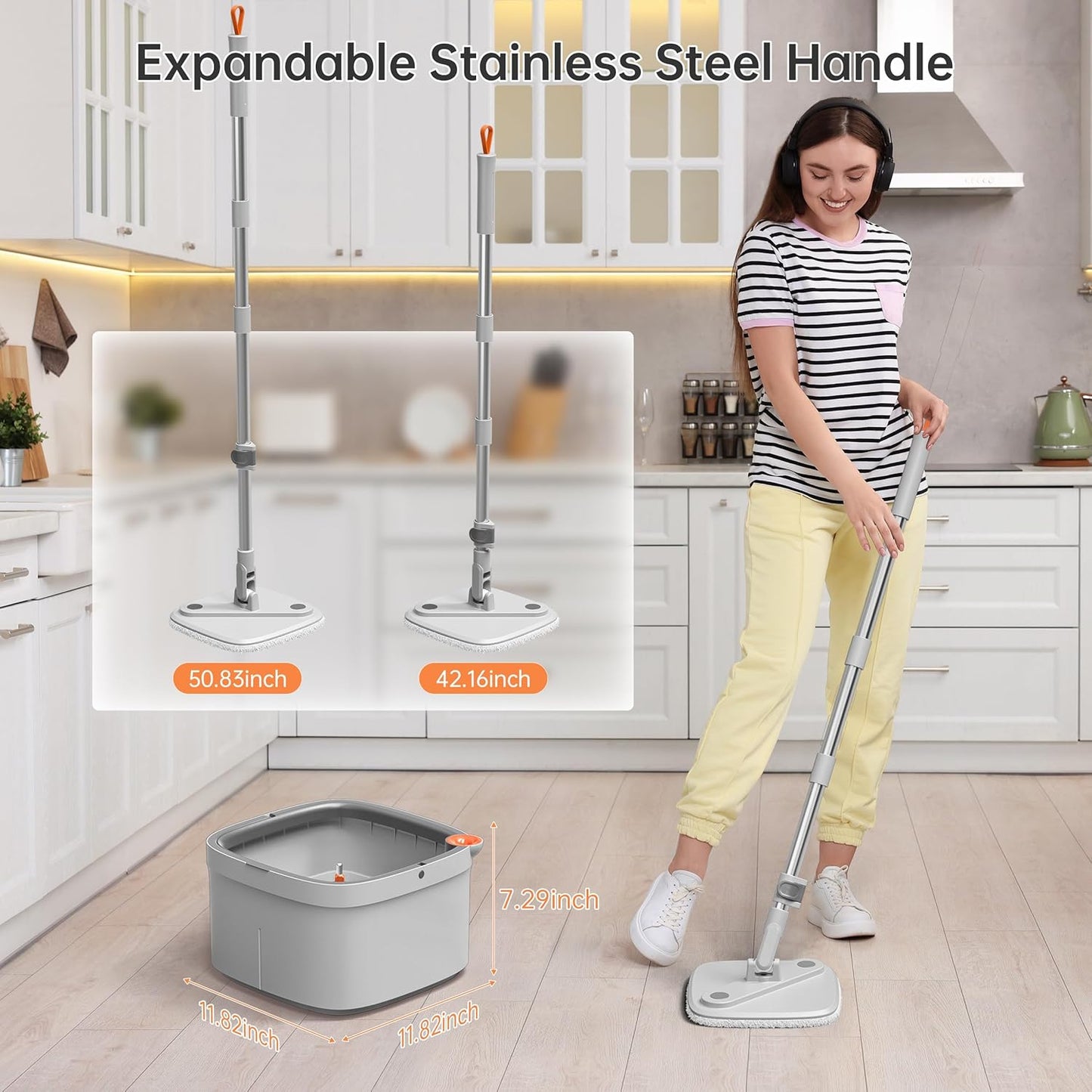 KZKR Spin Mop and Bucket Set with Self Separation Dirty and Clean Water System, Self Wringing 360° Rotating Square Mop Head for Home Floors Cleaning (1.0 Mop and Bucket Set (6 Pads))