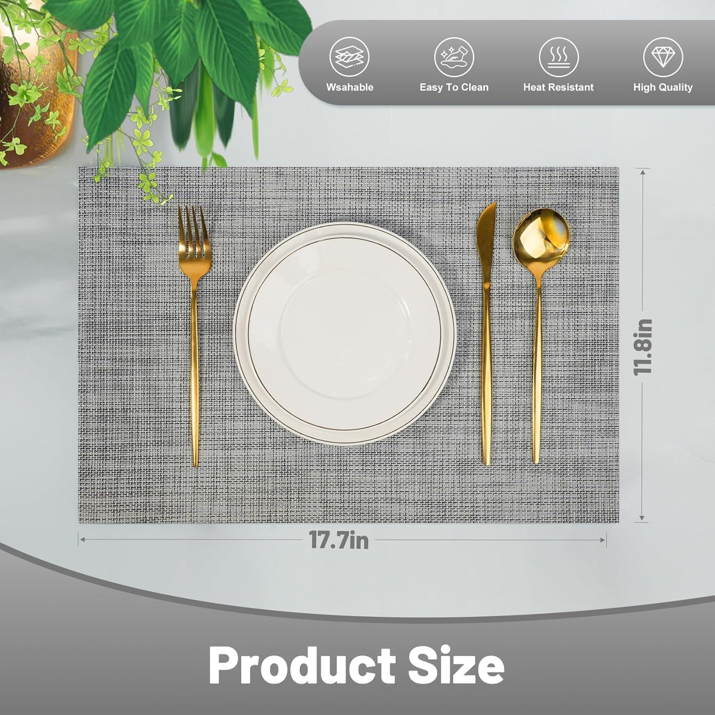 Placemats Set of 12，Non-Slip PVC Weave Table Placemats Easy to Clean，Heat Resistant Place Mats for Kitchen Dining Table Decoration Indoor Outdoor，Gray