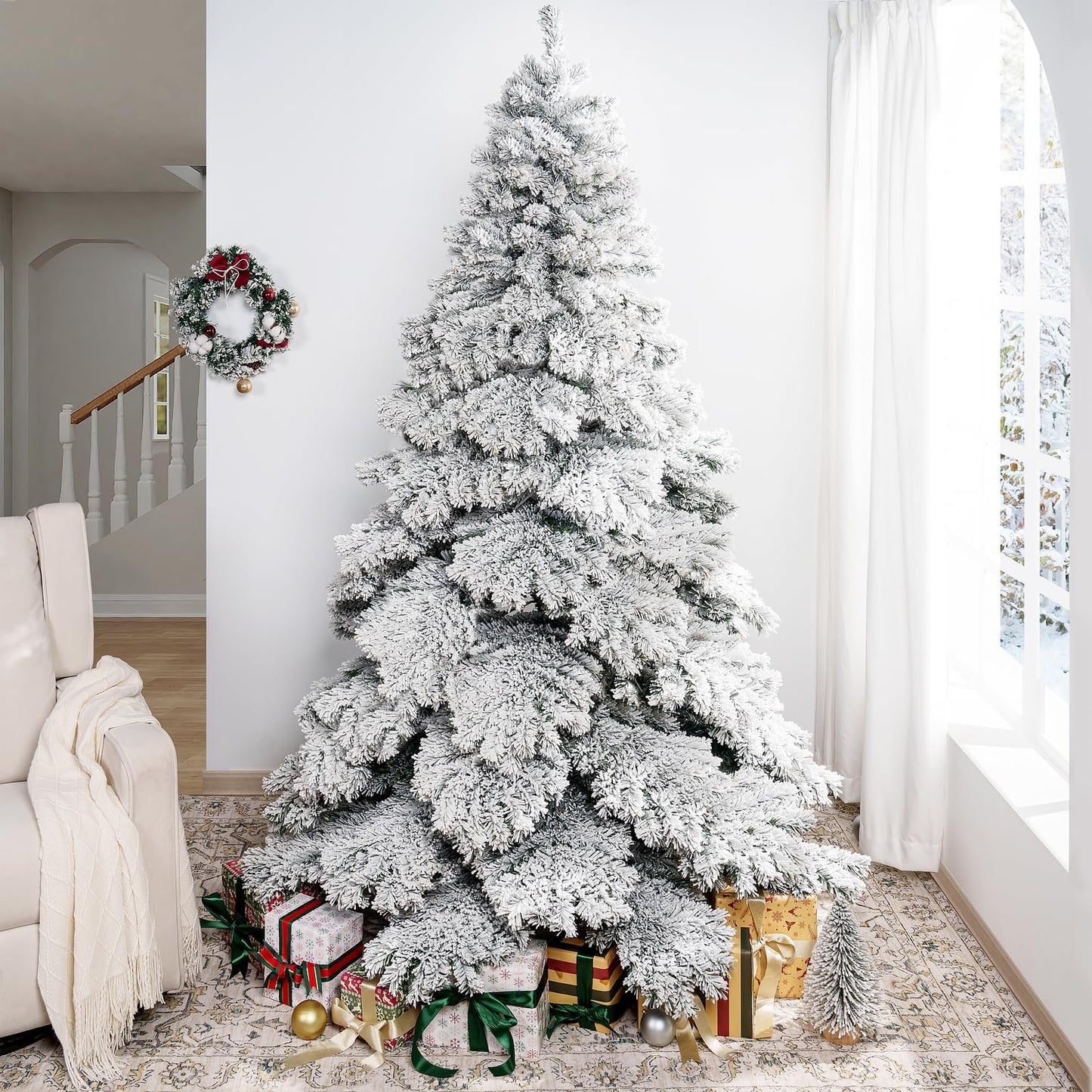 Naomi Home 7.5ft Snow Flocked Christmas Tree with Lights, Realistic Frosted Prelit with 1324 Branch Tips, 650 Warm Lights and Metal Stand, Aritificial Tree
