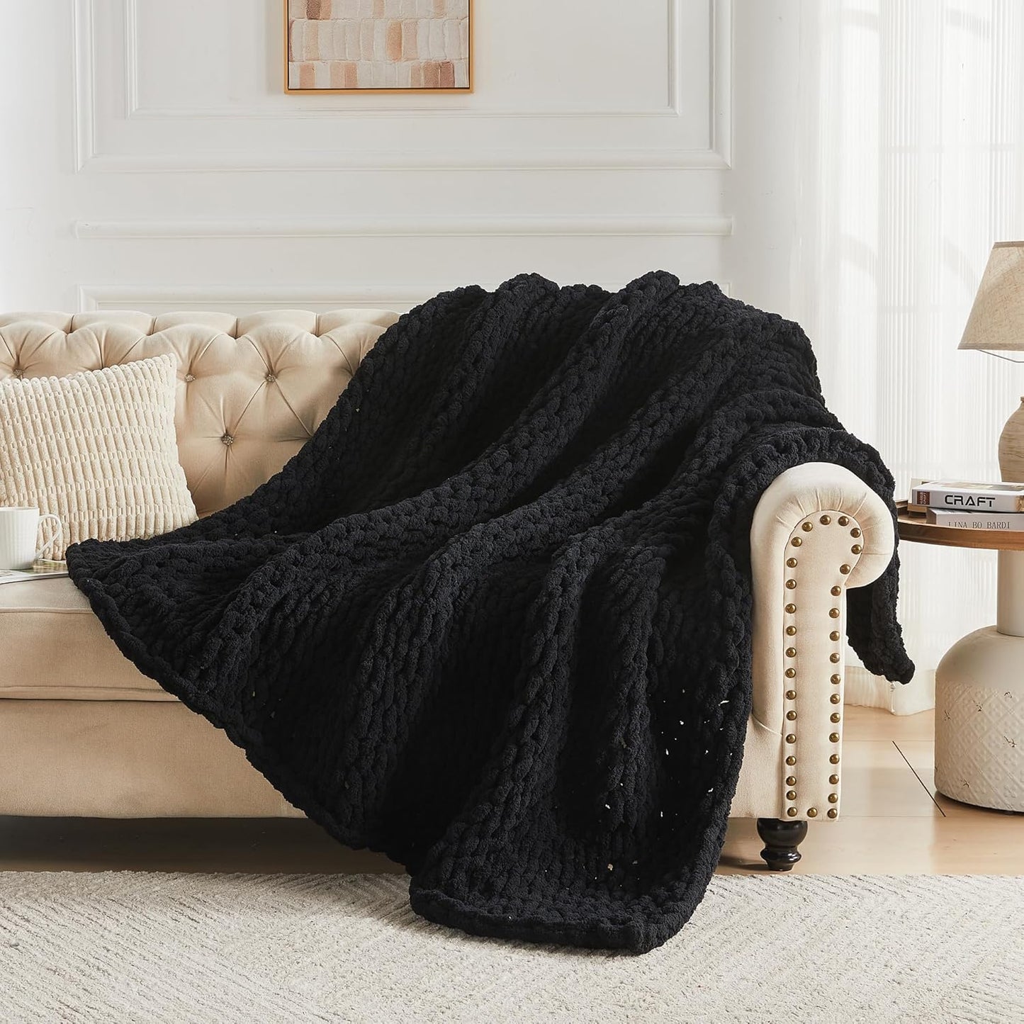 Carriediosa Chunky Knit Throw Blanket 50" X 60", 100% Hand Made Large Chenille Loop Yarn Soft Fluffy Throws for Couch Sofa Bed, Big Crochet Cozy Heavy Thick Cable Woven Blankets, Black