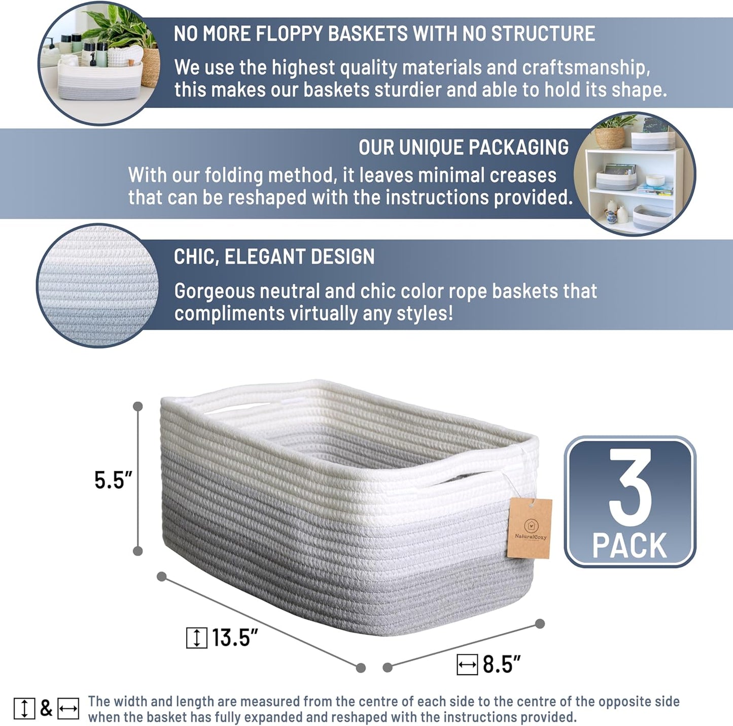 NaturalCozy 13.5”x8.5”x5.5” Rectangle Storage Baskets for Shelves 3 Pack | Cotton Rope Woven Small Baskets for Organizing | Small Storage Bins for Nursery, Bathroom, Closet, Shelf, Decorative