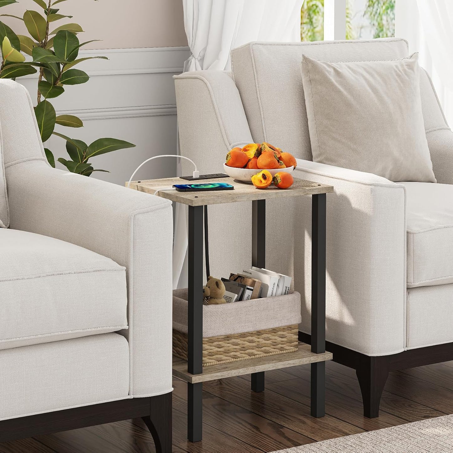 TUTOTAK End Table with Charging Station, Small Side Table with Outlets, Nightstand Bedside Table, 2-Tier Storage Shelf for Small Space, Living Room, Bedroom, Greige TB01BG040
