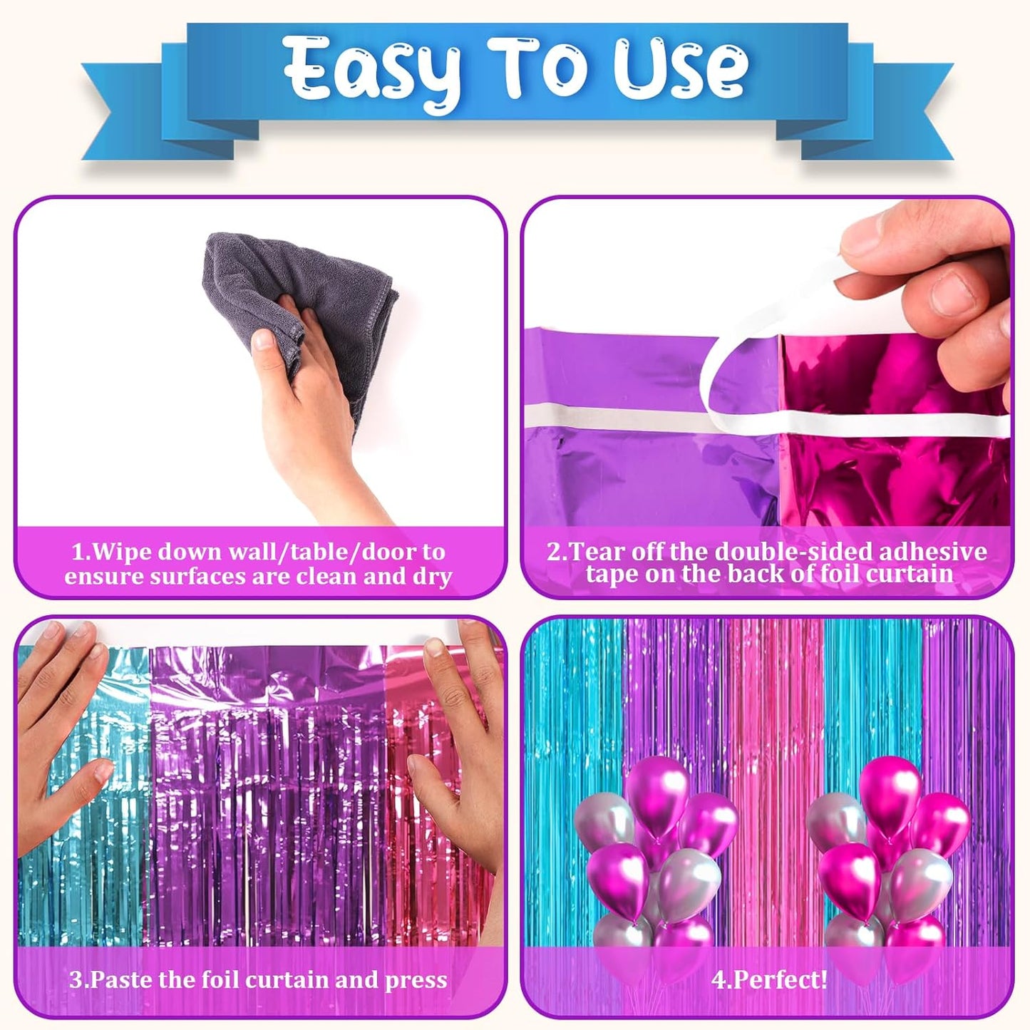 3 Pack 3.3 x 8.2 ft Blue Purple Pink Foil Fringe Backdrop Curtains, Tinsel Streamers Party Decorations, Fringe Backdrop, Door Shimmer for Mermaid or Birthday Party