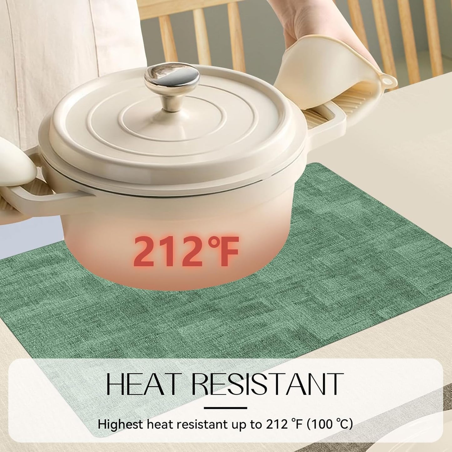 Romanstile Reversible Vinyl Placemats Set of 8, Faux Leather 100% Waterproof Oil-proof Wipeable Place Mats, Heat Resistant Dual Sided Table Mats for Kitchen/Dining/Party (Grey DarkGreen, 12 x 17 Inch)