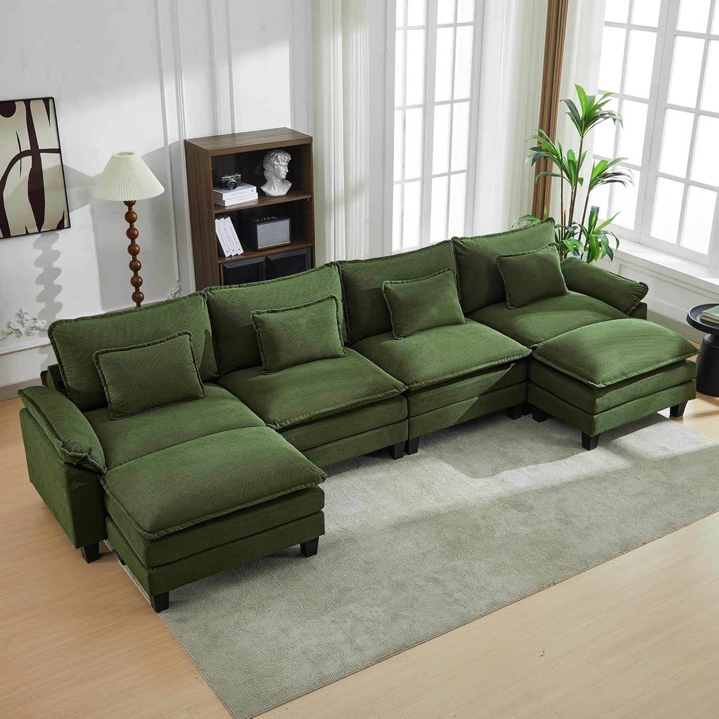 URRED Modular Sectional Sofa Comfy Cloud Couch, Modern Corduroy Sofa Sleeper Deep Seat Couches with Ottoman/Pillows for Living Room (Green, 154'' - U Shape)