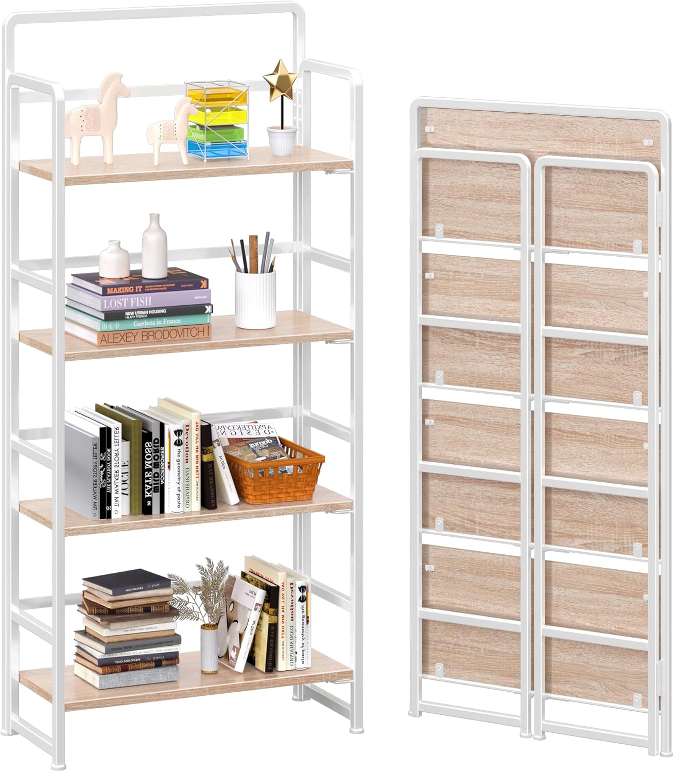 4NM No Assembly Foldable Bookshelf, 4-Shelf Collapsible Bookcase Storage for Small Spaces, 54" H, Natural White