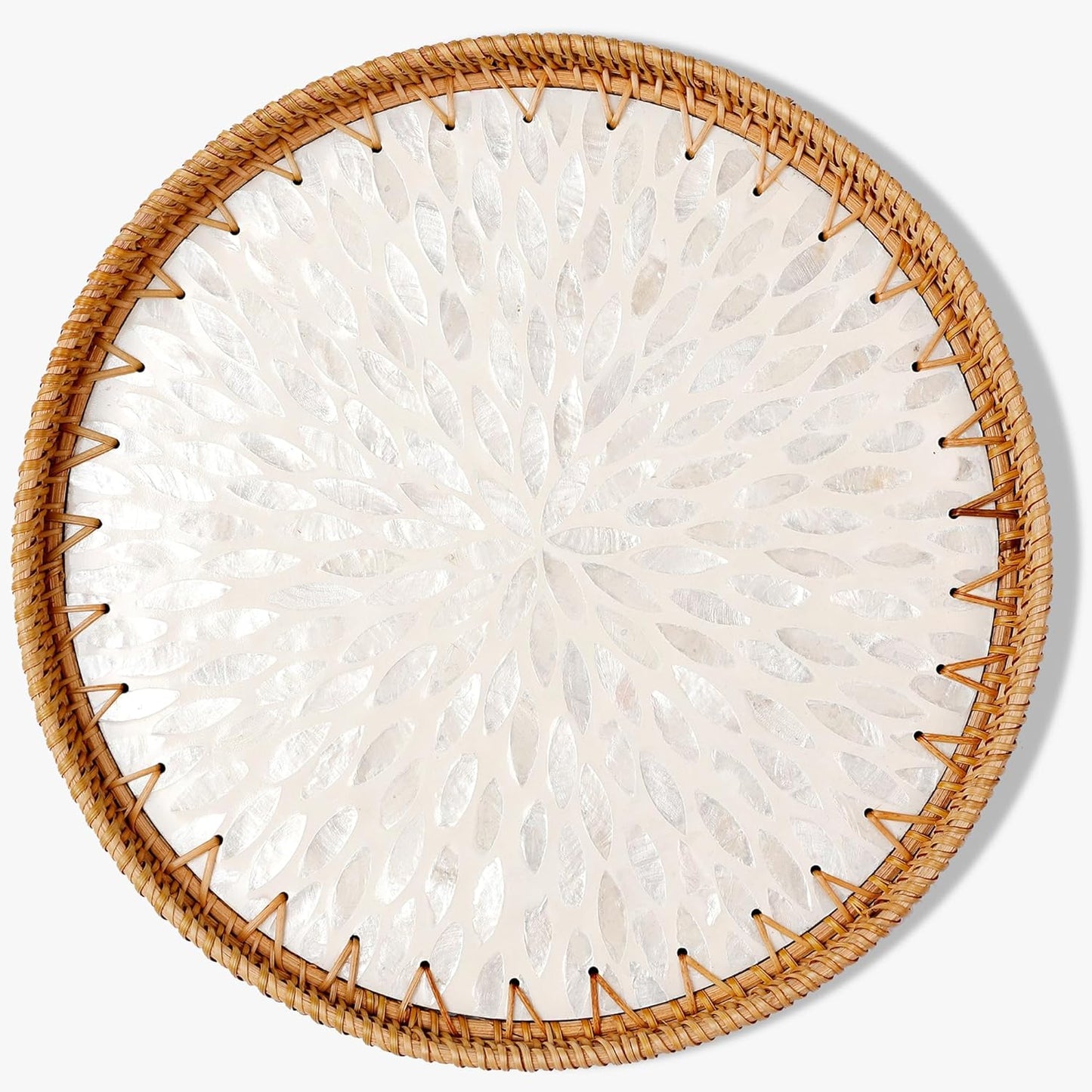Round Rattan Tray with Mother of Pearl Inlay & Wooden Base - Decorative Wicker Serving Tray for Coffee/Bread/Fruits, Food Storage & Display - Multipurpose Home Decor (L,White Leaves)