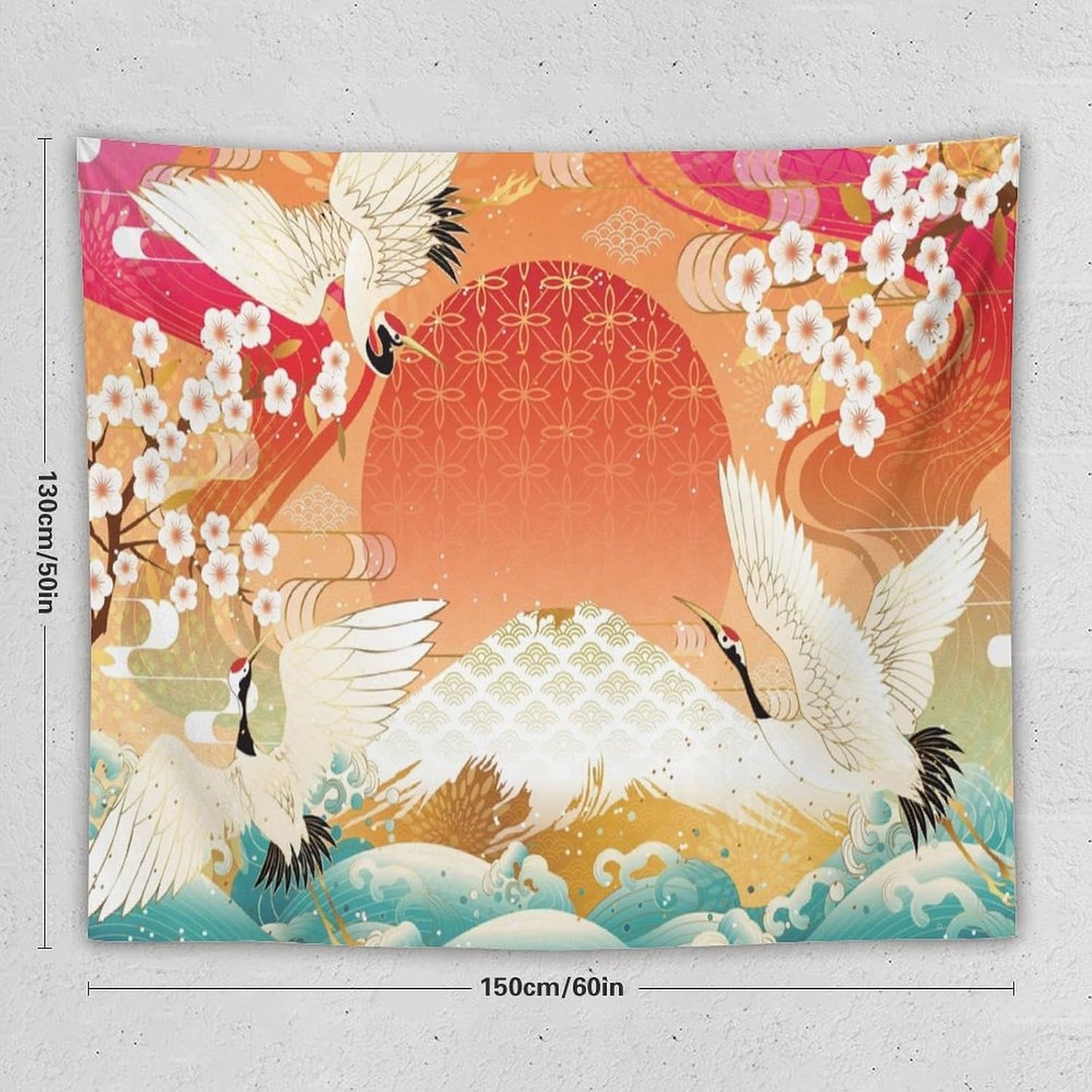 HZOHNAGO Japanese Tapestry Cherry Blossom Crane Sea Wave Fuji Mountain Red Sun Pattern Printed Wall Tapestry Painting Wall Hanging for Bedroom Living Room Dorm 60" W x 50" H