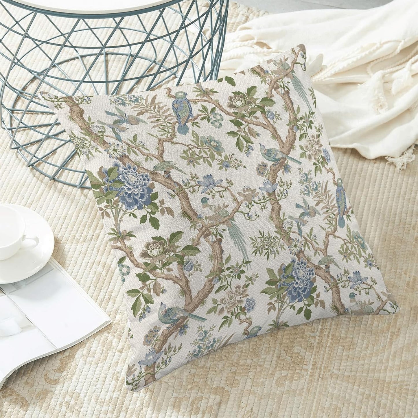 CXMEIFLY Chinoiserie Spring Pillow Covers 16 x 16 Inch Set of 2 for Blue Sage Green Vintage Flowers Bird Decor Throw Pillows Plant Farmhouse Outdoor Decorative Cushion Cases for Couch Bed Decorations