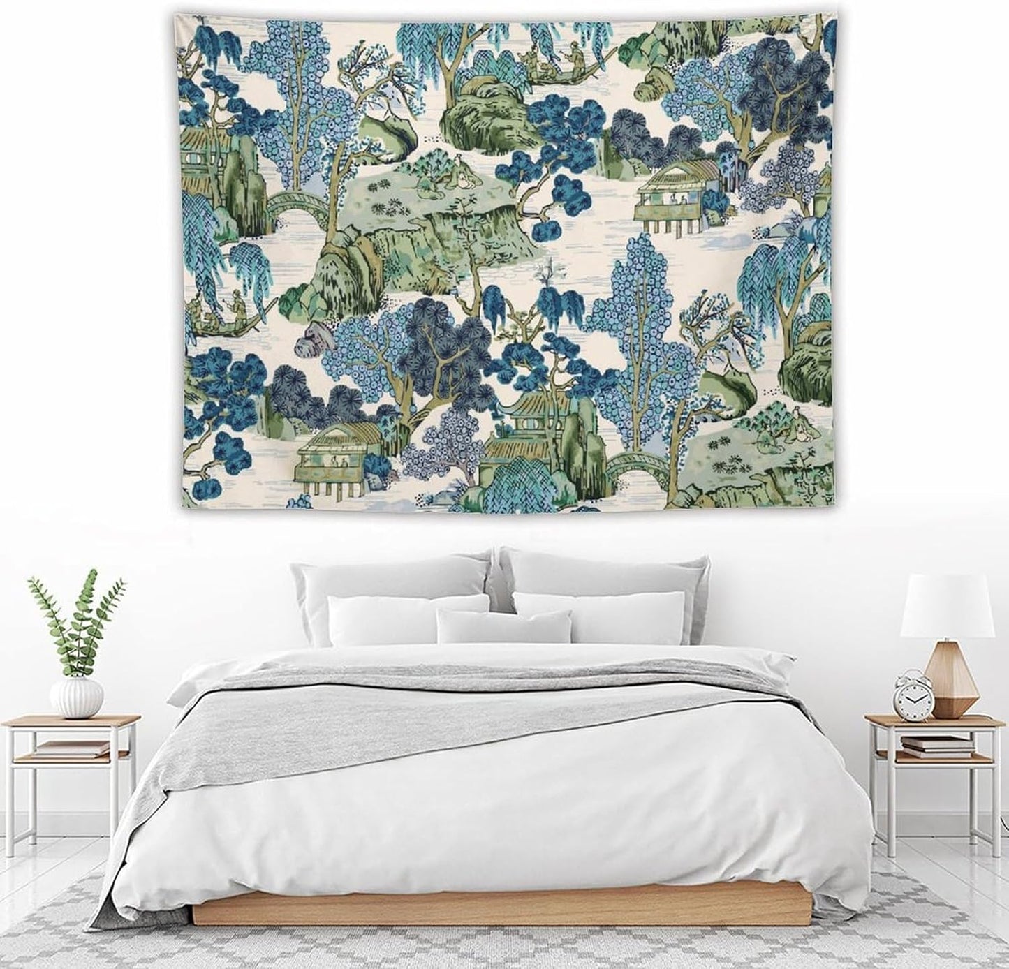 Chinoiserie Tapestry,Asian Watercolor Abstract Art Tapestry,Asian Japanese Wall Tapestry, Nature Landscape Tapestries for Bedroom Living Room Decor 80"x60"